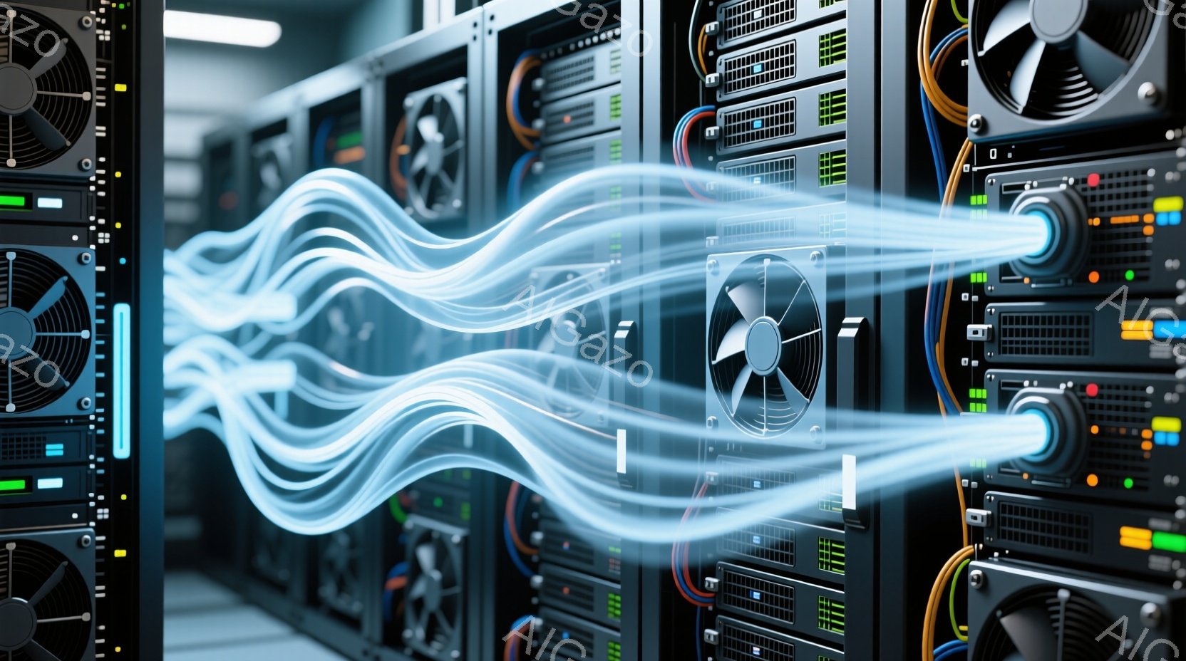 この画像は、サーバーラックが並んだデータセンター内部を捉えています。ラックには多くのサーバーが密集しており、それぞれのサーバーにファンが搭載され冷却されています。青白い光の帯がサーバーの間を水平方向に流れており、データの流れやネットワーク接続を視覚的に表現しています。