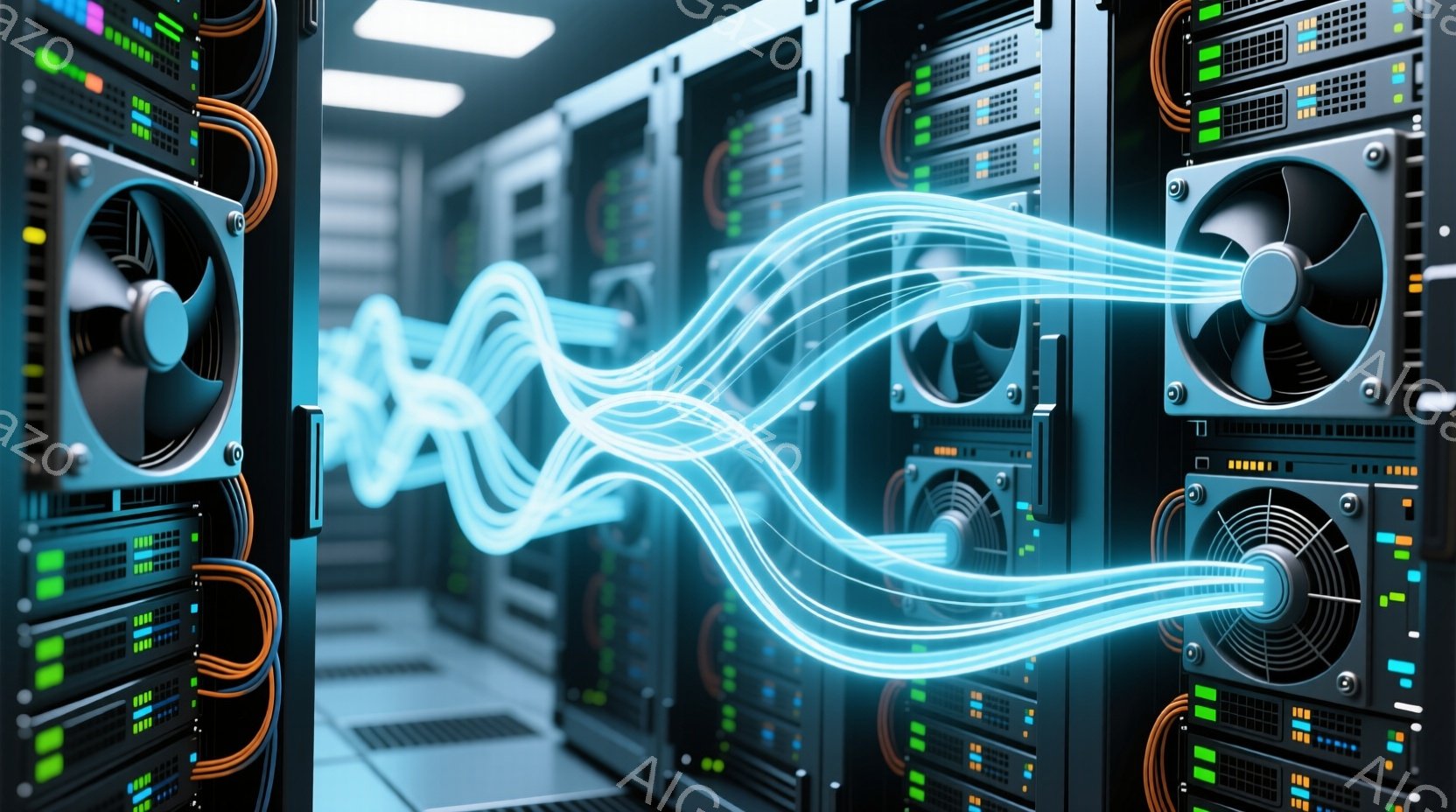 この画像は、サーバーラックが整然と並んだデータセンター内部を捉えています。青い光の線がサーバー間を複雑に走り、データの流れを視覚的に表現しています。全体的に冷たい色調で、最新技術と高度なインフラストラ - AI生成フリー素材