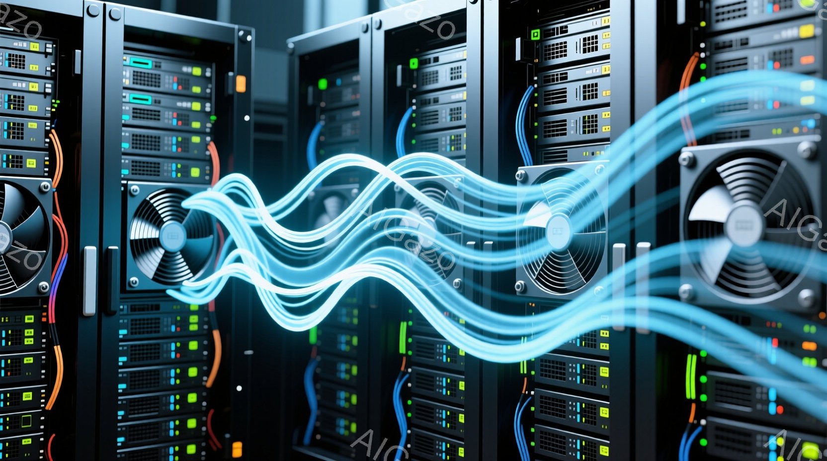 サーバーラックが縦に並び、内部には緑色の光るインジケーターが多数確認できます。青い光の線がラックの間を蛇行し、データの流れや接続を表しているように見えます。全体的に暗い背景と鮮やかな光のコントラストが - AI生成フリー素材