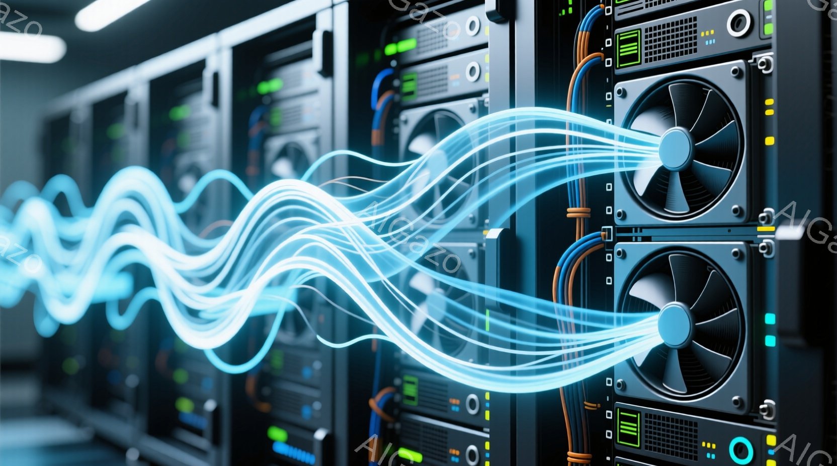 この画像は、サーバーラックの密集した列を映しており、各サーバーには冷却ファンと様々なケーブル接続が搭載されています。鮮やかな青色の光の線がサーバーの列を蛇行し、データストリームやネットワーク接続を視覚的に表現しています。全体的に、画像は高度なテクノロジー、データ処理、そして接続されたデジタル世界の雰囲気を醸し出しています。