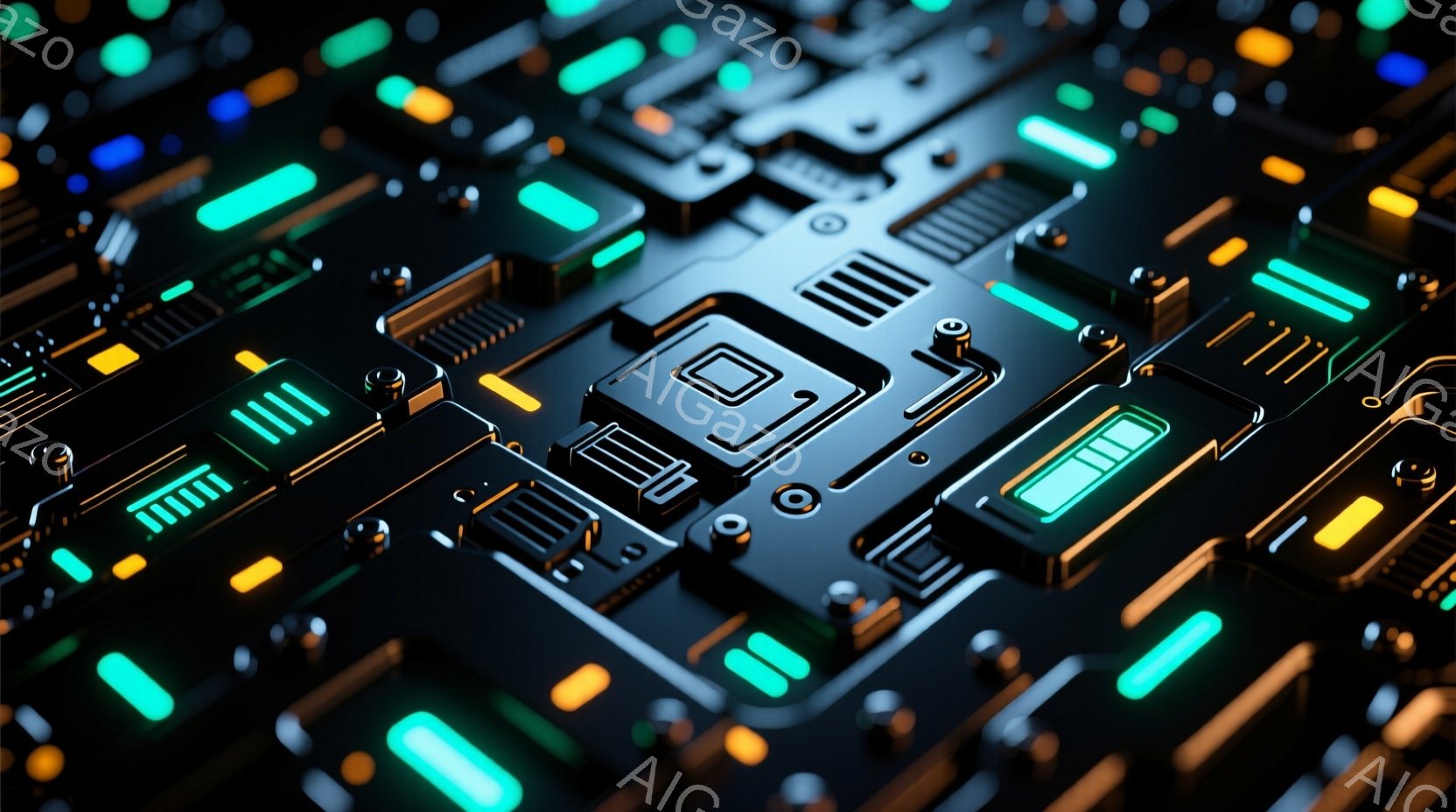 この画像は、複雑な電子回路基板のクローズアップです。鮮やかなターコイズブルーとゴールドのラインが、黒い基板上に精密に配置され、未来的な印象を与えます。細部まで鮮明に描かれ、高度な技術と精密さを感じさせるイメージです。