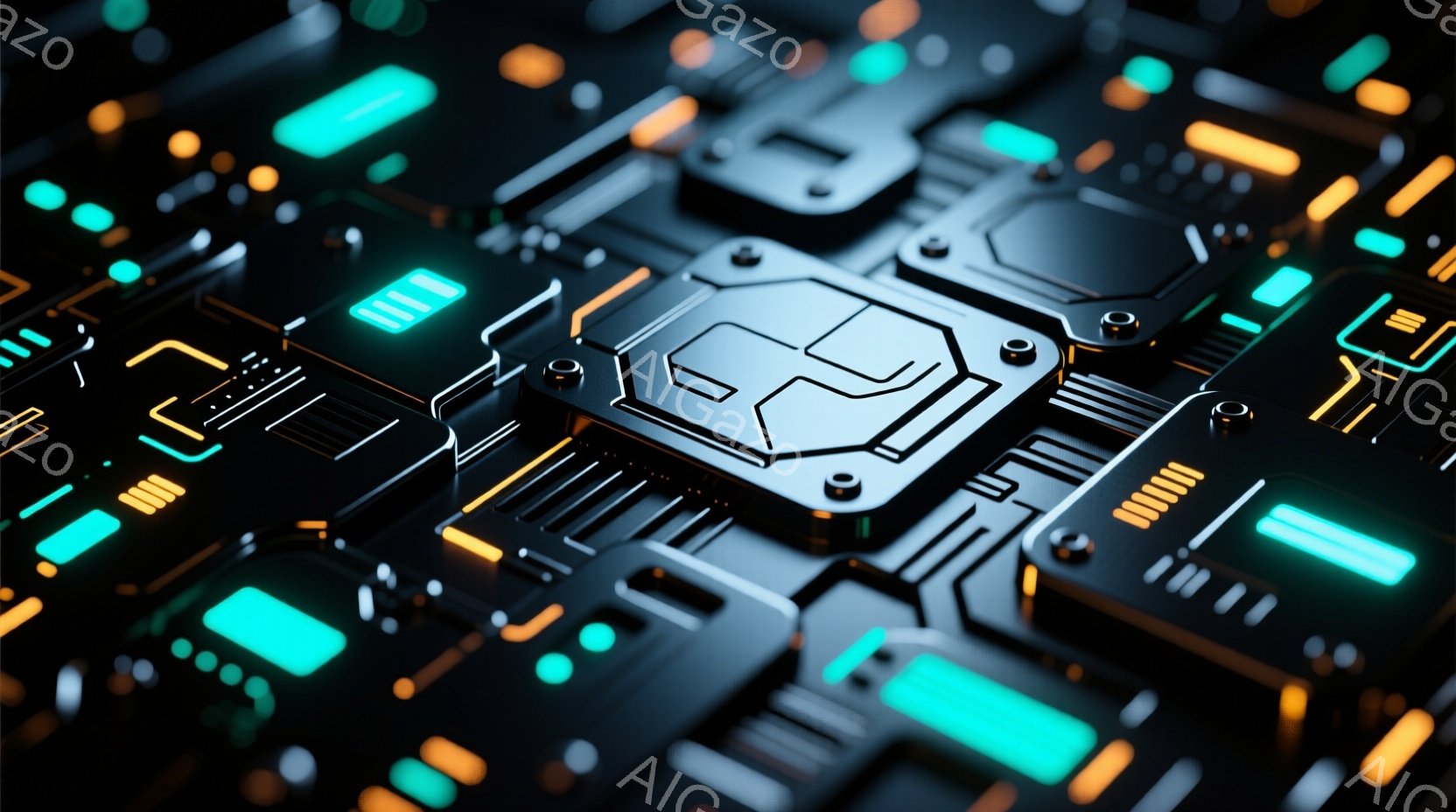 この画像は、複雑な電子回路基板のクローズアップです。鮮やかなターコイズブルーとオレンジ色の光が、黒色の基板上に流れるように配置され、未来的な印象を与えます。緻密な配線と部品が積み重なり、高度な技術を想起させる抽象的な風景となっています。