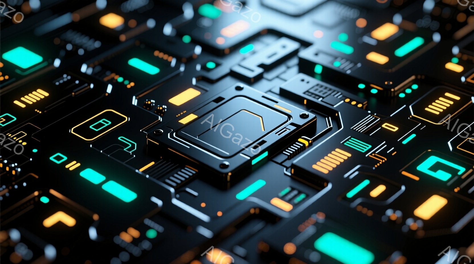 この画像は、複雑な電子回路基板をクローズアップしたものです。鮮やかなターコイズブルーとゴールドのラインが、黒い基板上に緻密に配置され、未来的なテクノロジーを想起させます。光沢のある金属的な質感と、光の反射が、高度な技術と精密さを強調しています。