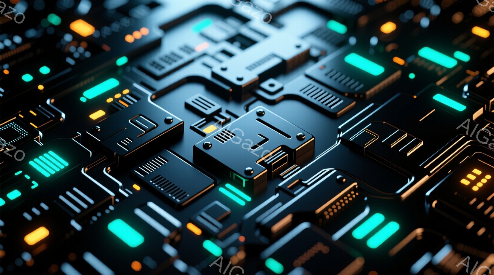 この画像は、鮮やかなターコイズブルーとゴールドの光を放つ、複雑な電子回路基板のクローズアップです。幾何学的なパターンと精密なディテールが特徴で、未来的なテクノロジーと精密工学を想起させます。鮮やかな光の配置は、回路の複雑さと、それが持つ潜在的なエネルギーを強調しています。