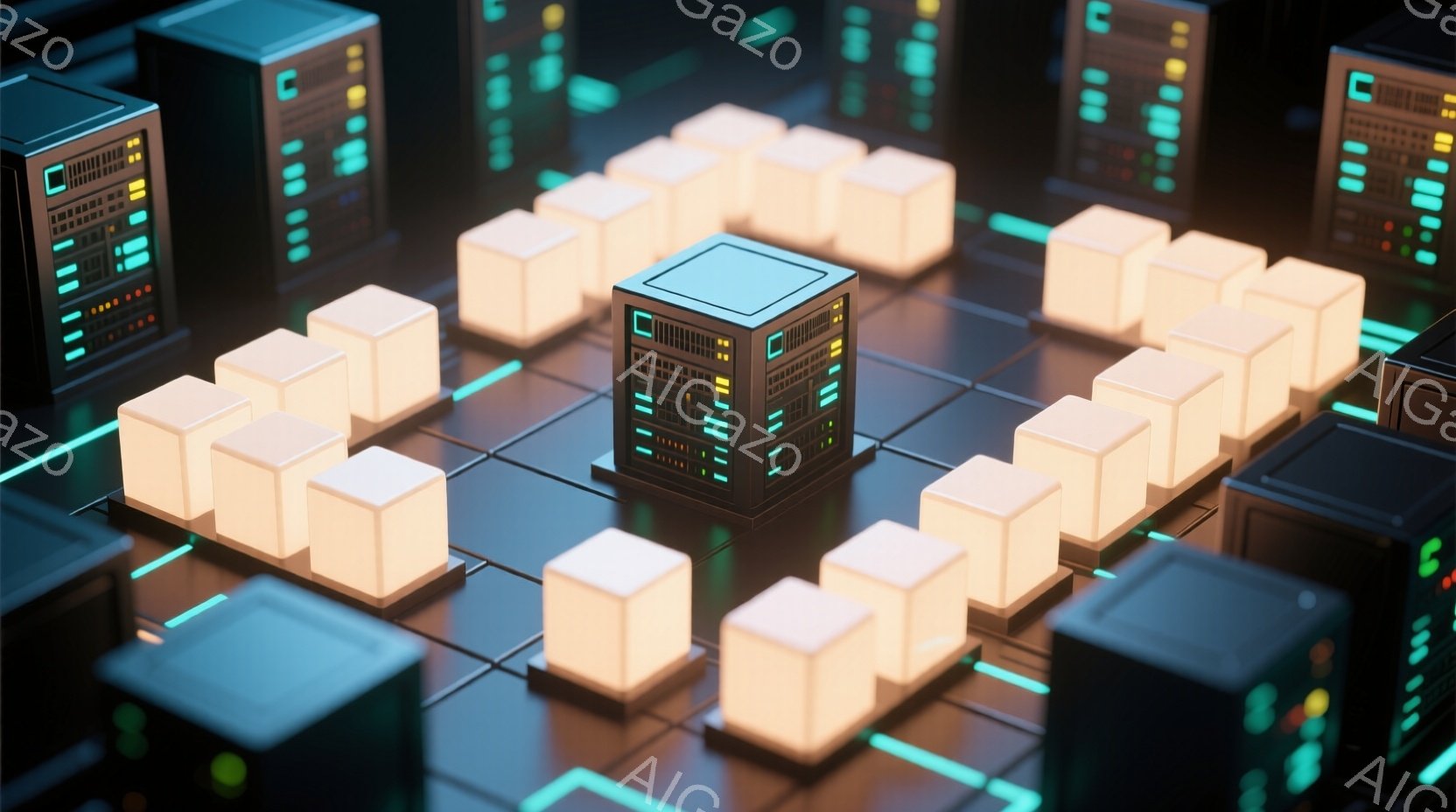 鮮やかなネオンブルーとオレンジ色の光が特徴的な、未来的な都市の風景が描かれています。整然と配置された立方体状の建物が、まるで回路基板のような基盤の上に並んでおり、サイバーパンクのような雰囲気を醸し出しています。全体的にクールで洗練された印象を与え、デジタル世界の都市景観を表現しているように見えます。