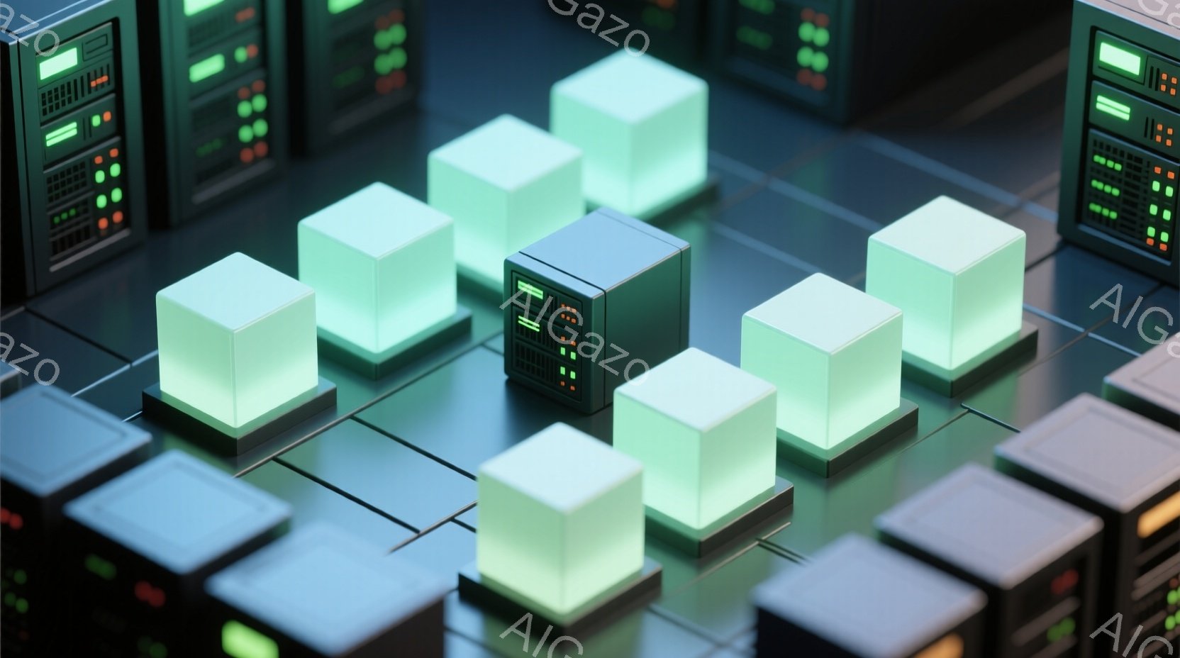 この画像は、暗い背景に配置された立方体の集合体を描写しています。一部の立方体は明るい緑色の光を放ち、他の立方体は暗いグレーまたは黒色で、サーバーラックのような印象を与えます。全体として、高科技で未来的な雰囲気を醸し出しており、データセンターや仮想空間を想起させます。