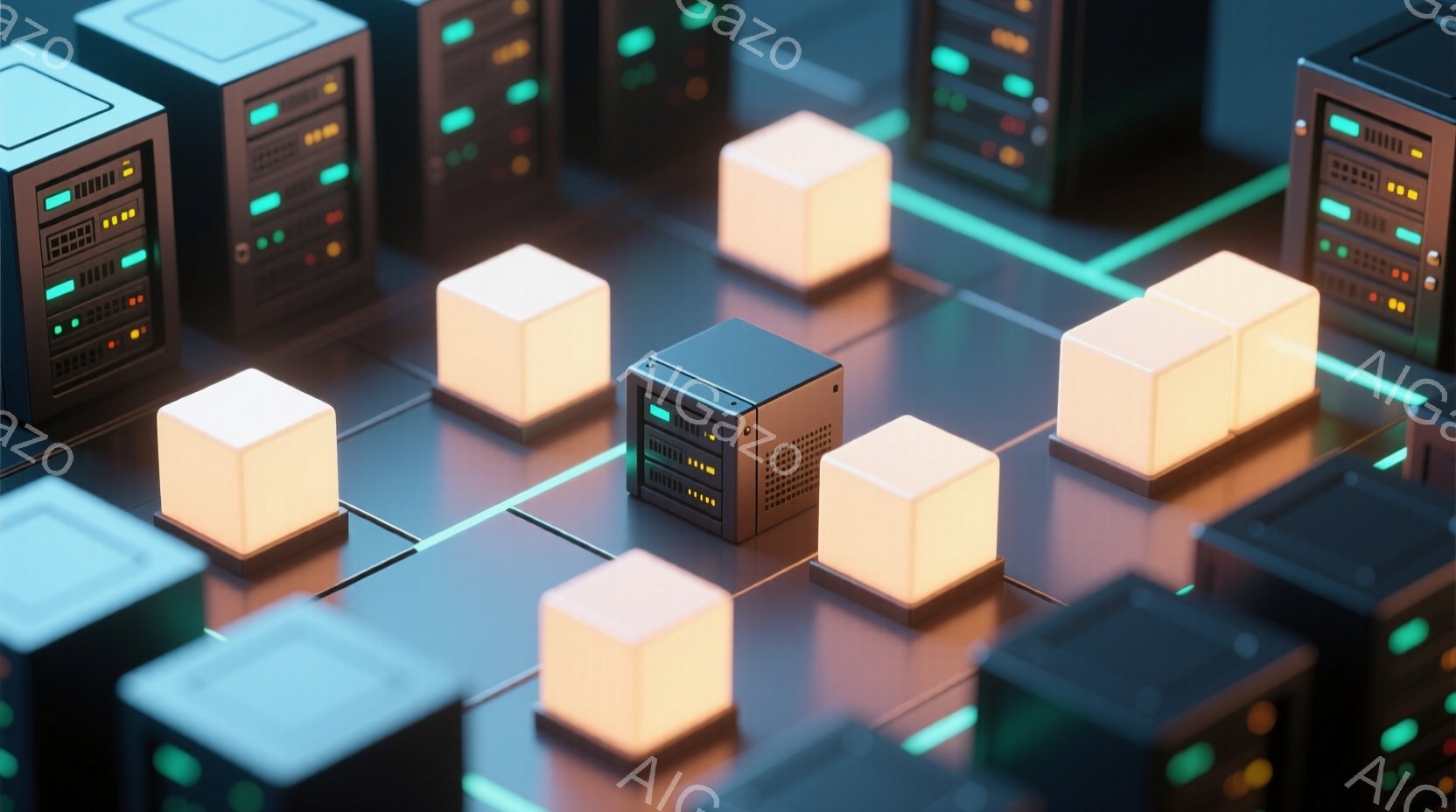 鮮やかなネオンライトが照らす、暗い背景に配置されたサーバーと発光する立方体が並んでいます。サーバーには緑色のインジケーターライトが点灯しており、立方体は内部からオレンジ色の光を放っています。全体的に未来的なデータセンターのような、デジタルで抽象的な雰囲気です。