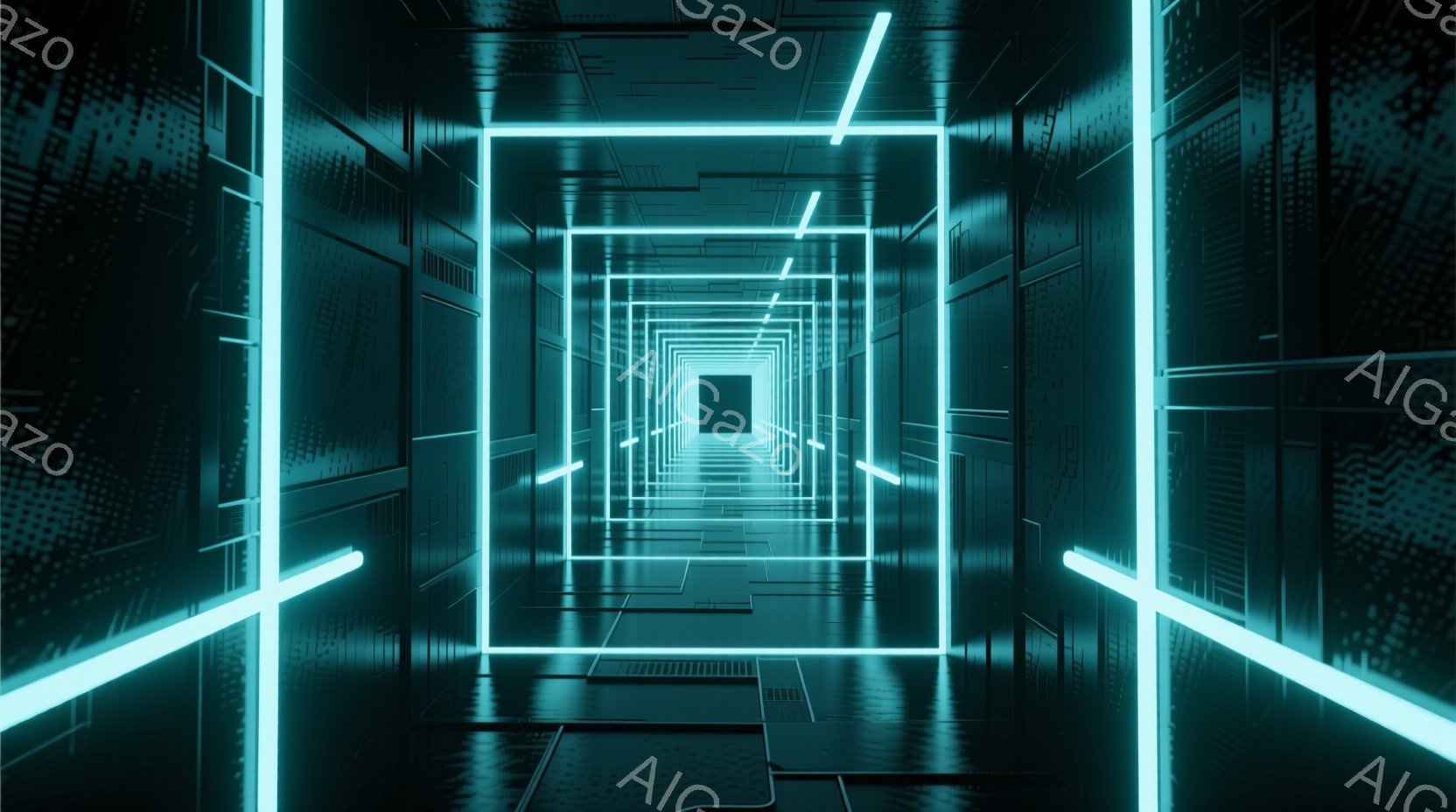 鮮やかな青色のネオンライトが幾重にも重なり合う、無限に続くようなトンネルが描かれています。壁面には細かいグリッド状の模様が施され、床面も同様のテクスチャで覆われています。全体として未来的な、サイバーパンク的な雰囲気を醸し出しており、奥行きのある光の演出が印象的です。