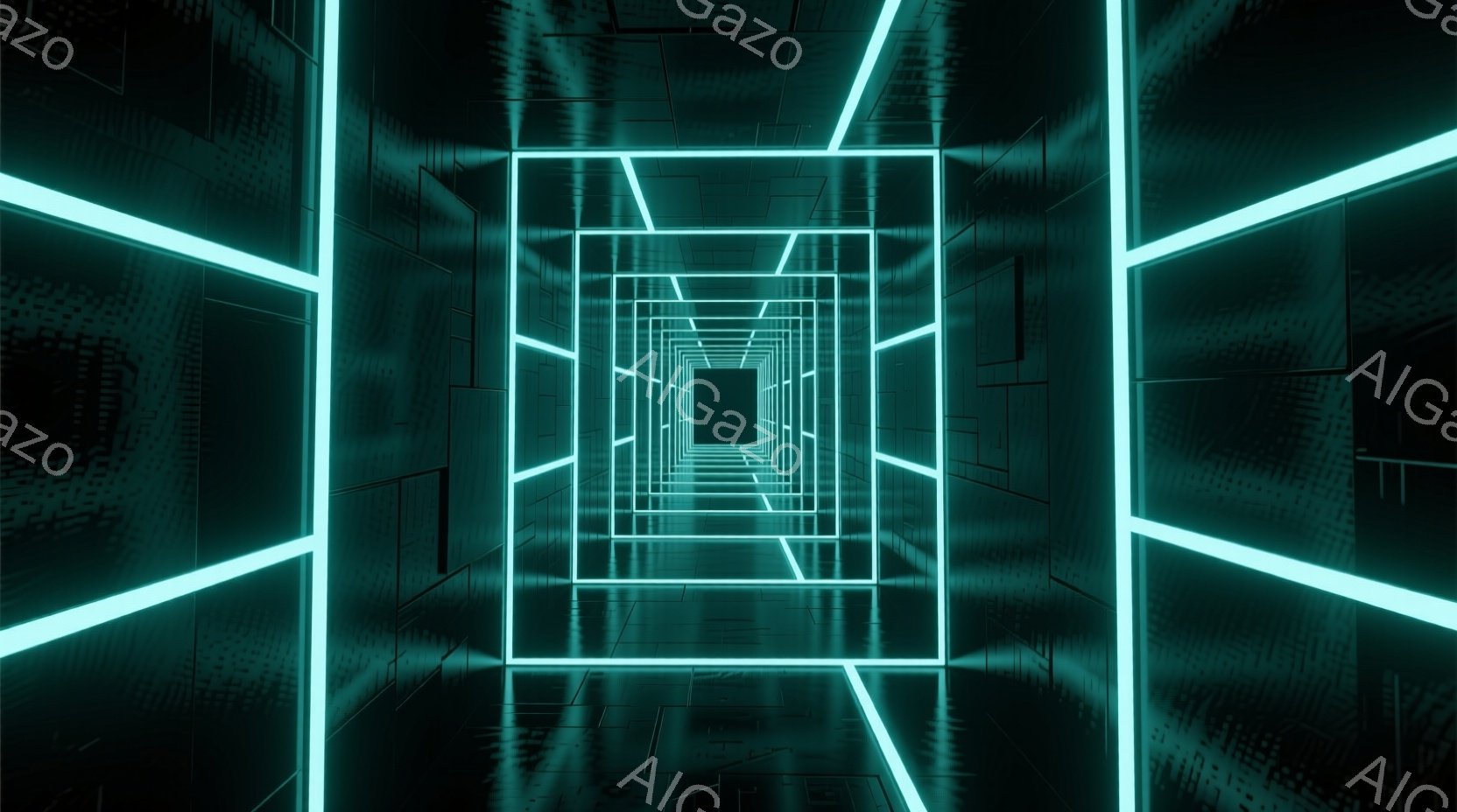 この画像は、発光するネオンブルーの線で構成された無限に続くトンネルを描いています。壁面には複雑な回路パターンが施され、未来的なテクノロジー空間を想起させます。光の強弱と回路模様が、奥行きのある幻想的な - AI生成フリー素材