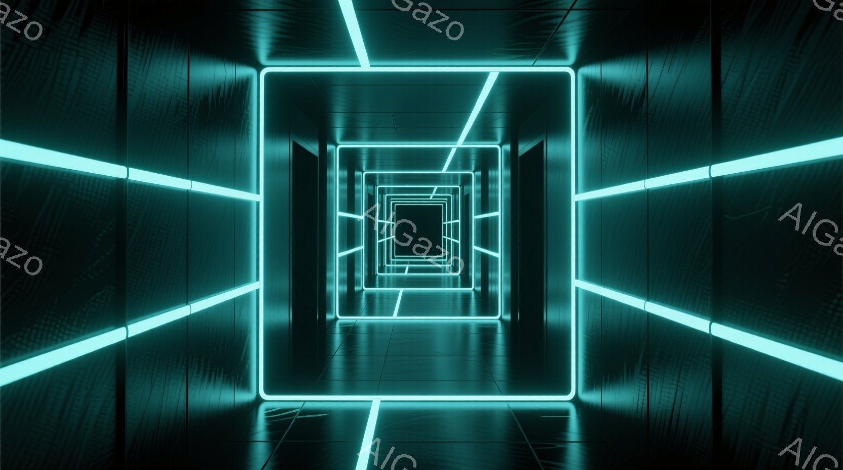 この画像は、発光するネオンブルーのラインで構成された、無限に続くトンネルのような空間を描いています。床は光沢のあるタイルで、壁は暗くテクスチャがあり、未来的な雰囲気を醸し出しています。幾何学的な形状と - AI生成フリー素材