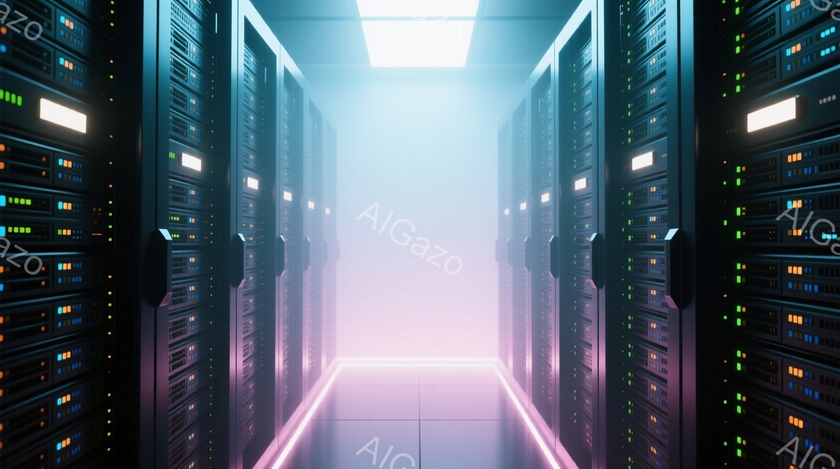 サーバーラックが両側に並び、奥へと続く廊下が描かれている。ラックには様々な色の小さなランプが点灯しており、未来的な雰囲気を醸し出している。床面にはピンク色の光のラインが走り、廊下全体が薄い霧に包まれて神秘的な印象を与えている。