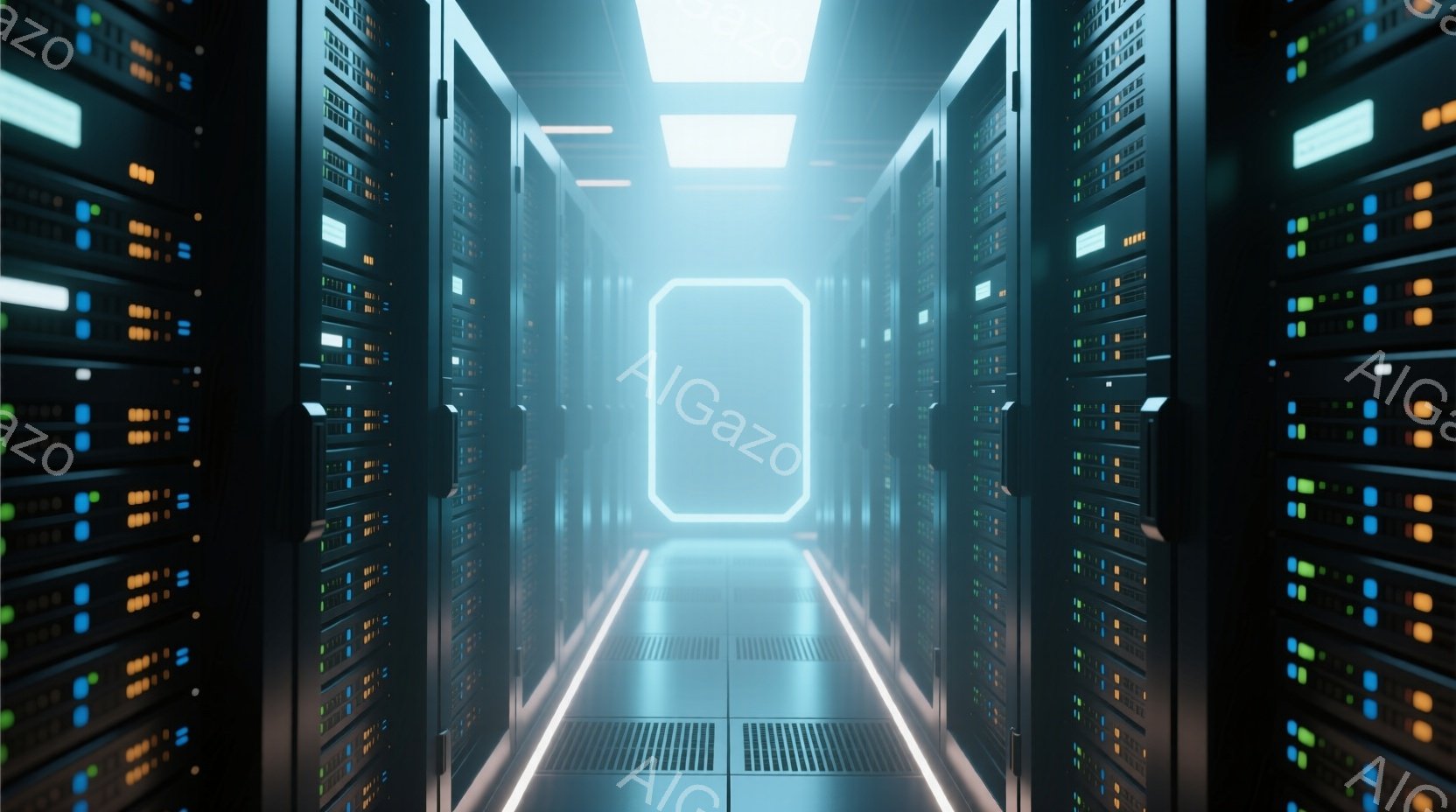 無数のサーバーラックが両側に並び、青い光が通路を照らしている。床には金属製のグリッドが敷かれ、未来的な雰囲気を醸し出している。全体的に冷たく、清潔で、高度な技術を感じさせる空間である。
