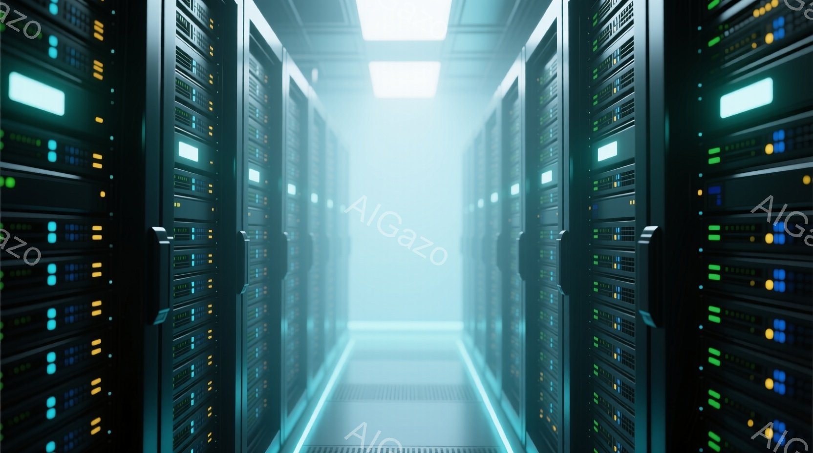 サーバーラックが左右に並び、無限に続く廊下のように見える画像です。ラックには様々な色のランプが点灯しており、青、緑、オレンジなどが確認できます。全体的に冷たい光が照らし出され、未来的なデータセンターの雰囲気を醸し出しています。