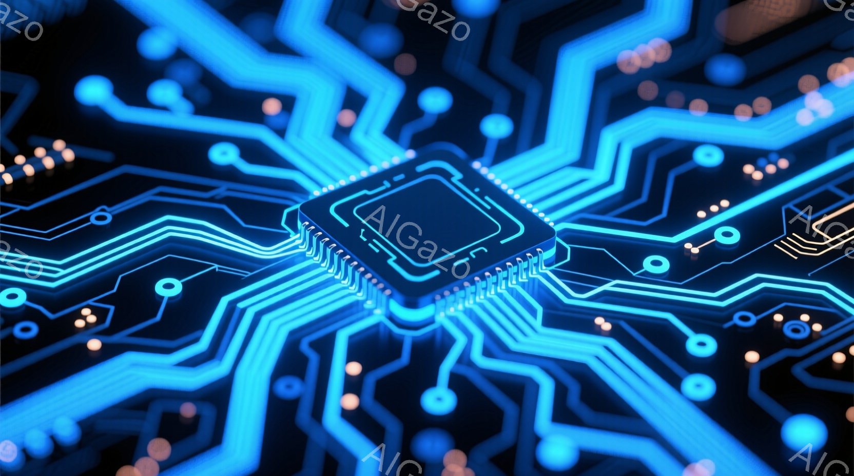 深い青色の背景に、複雑な回路が光り輝いています。中央には、金属製のチップが配置されており、その周りを細い青い線が放射状に走っています。全体的に、未来的なテクノロジーと精密さを感じさせる、鮮やかなイメー - AI生成フリー素材