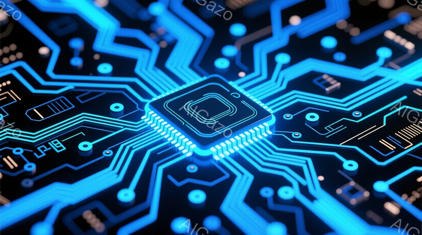 この画像は、青色の回路基板をクローズアップしたもので、中央には発光するマイクロチップが配置されています。回路は複雑に絡み合い、未来的なテクノロジーの雰囲気を作り出しています。鮮やかな青色が暗い背景を引 - AI生成フリー素材