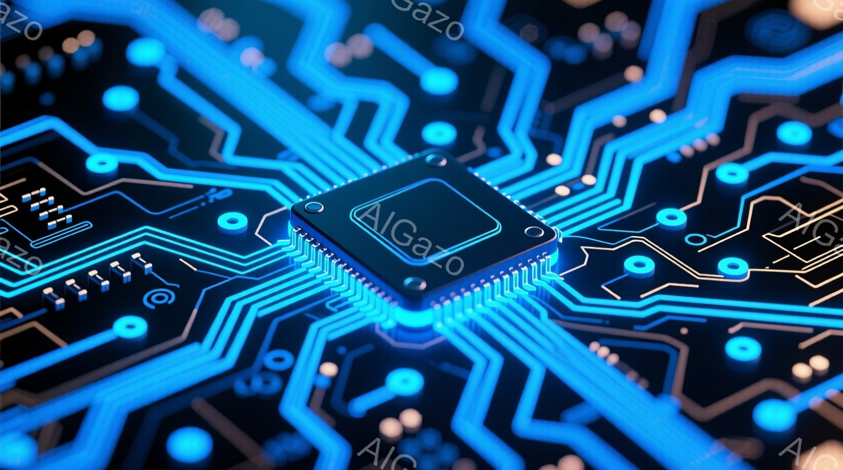 この画像は、青色を基調とした回路基板をクローズアップしたものです。中央には銀色のマイクロチップが配置され、周囲に複雑な回路パターンが広がっています。全体的に未来的な雰囲気で、テクノロジーやデジタル化を象徴しているようです。