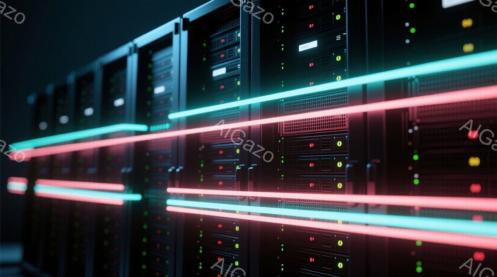 サーバーラックが並ぶ様子を捉えた画像です。各ラックには多数の小さなLEDライトが搭載されており、赤と青の色で点滅し、まるで未来的な都市の夜景のようです。全体的に暗い背景にカラフルな光が映え、高い技術力と処理能力を感じさせる雰囲気です。