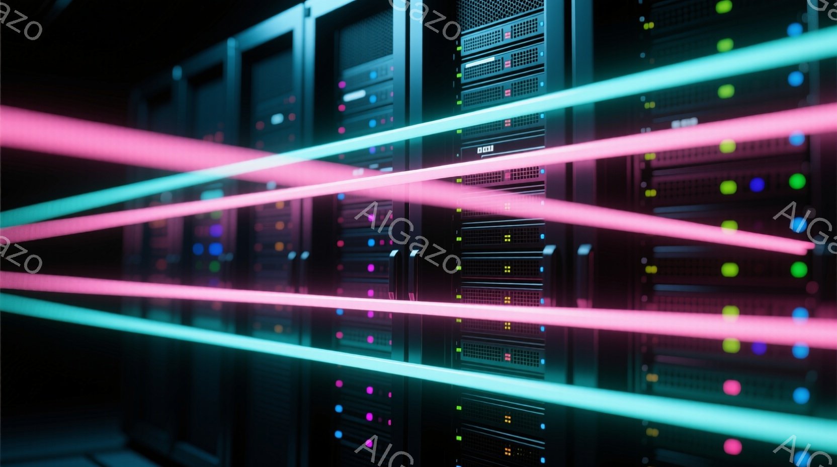 画像は、サーバーラックが密集したデータセンター内部を捉えています。各ラックには様々な色のLEDライトが点灯しており、ピンクとターコイズブルーの光線がラックの間を横切って速度感を生み出しています。全体的 - AI生成フリー素材