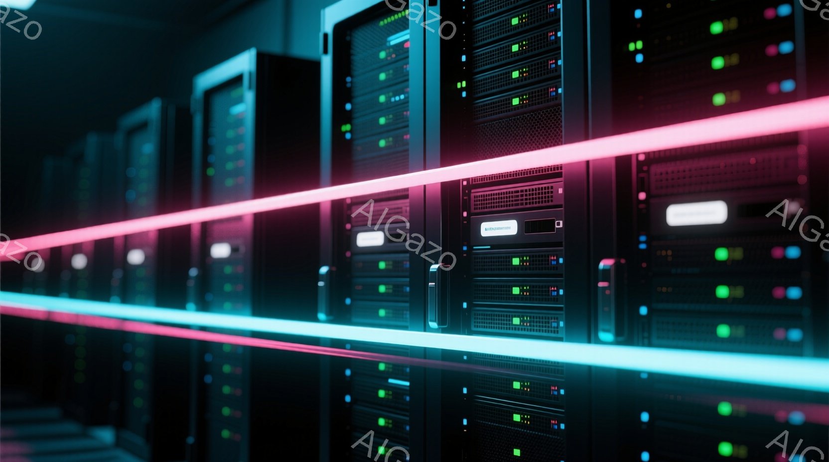 この画像は、データセンターのサーバーラックが整然と並んでいる様子を捉えています。各サーバーには緑と青の光るインジケーターが点滅し、未来的な雰囲気を醸し出しています。ラックの前面を走るピンクとターコイズ - AI生成フリー素材