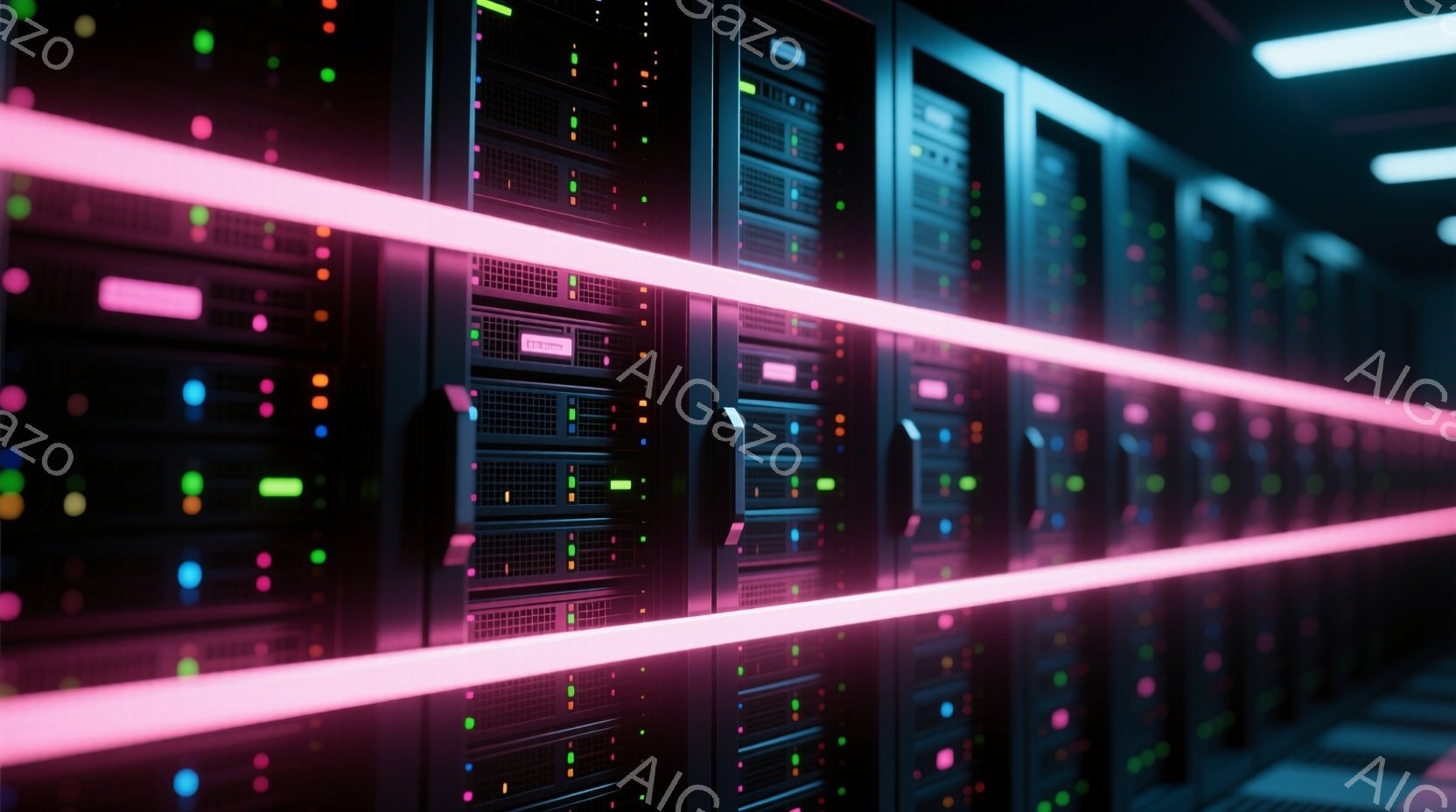 この画像は、データセンターのサーバーラックが並ぶ廊下を捉えています。ラックは黒色で、様々な色の小さなライト（緑、赤、青など）が点滅しており、未来的な雰囲気を醸し出しています。廊下には明るいピンク色の光 - AI生成フリー素材