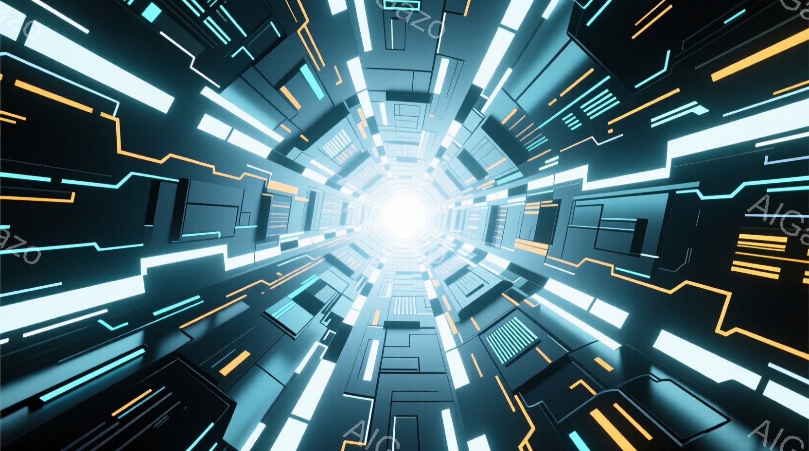 鮮やかなネオンブルーとオレンジ色の線が、中心に向かって収束するサイバー空間のようなトンネルが描かれています。幾何学的な構造が複雑に絡み合い、未来的なエネルギーを感じさせる光が発されています。全体として、スピード感と没入感のある、デジタル世界の奥行きを表現したイメージです。