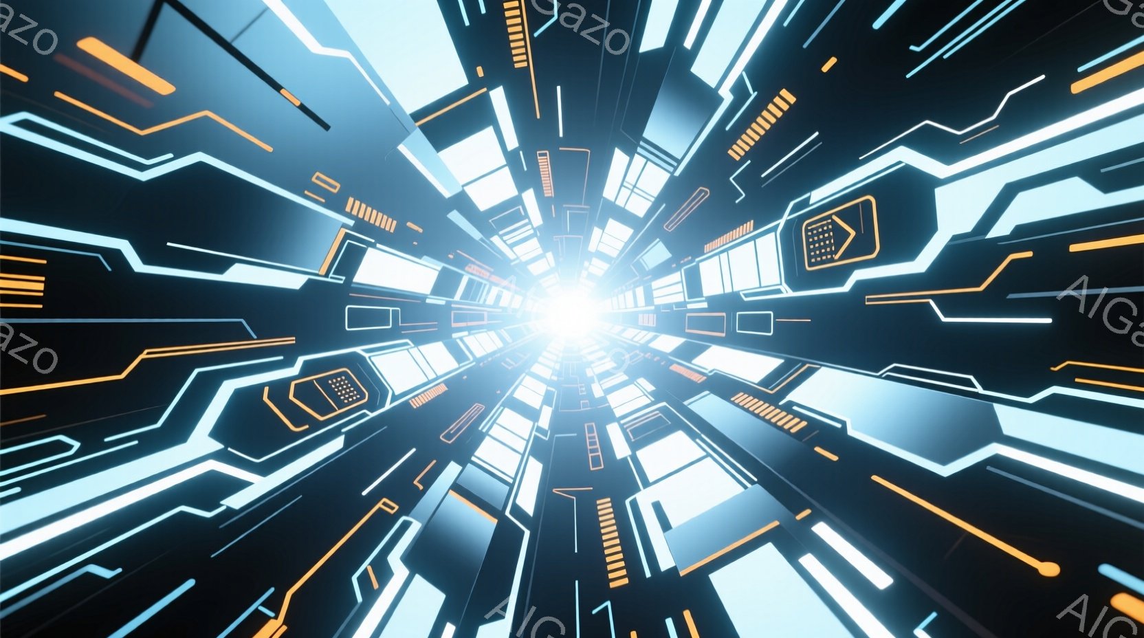 この画像は、未来的なトンネルのような視覚効果が特徴です。明るい光が中心から放射し、青とオレンジのネオン管のような線が複雑に絡み合い、無限に続くような奥行きを作り出しています。全体的にクールで、サイバー - AI生成フリー素材