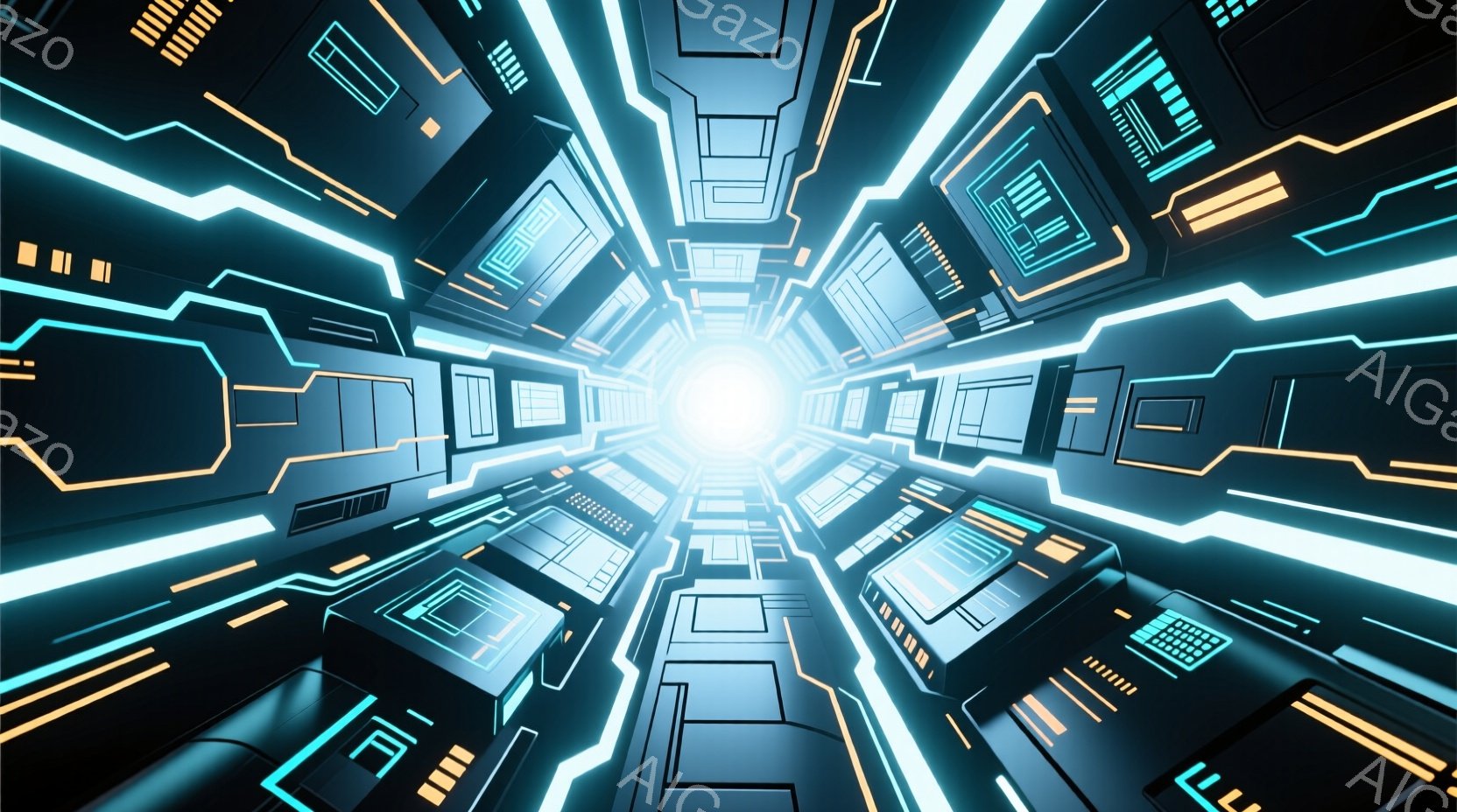 鮮やかなネオンブルーとオレンジ色の光が、未来的なトンネルのような空間を照らしています。幾何学的なパターンが壁面を覆い、遠近法によって強い奥行きを感じさせます。この空間は、デジタル世界やサイバー空間を彷彿とさせる、テクノロジーとスピード感を強調した雰囲気です。