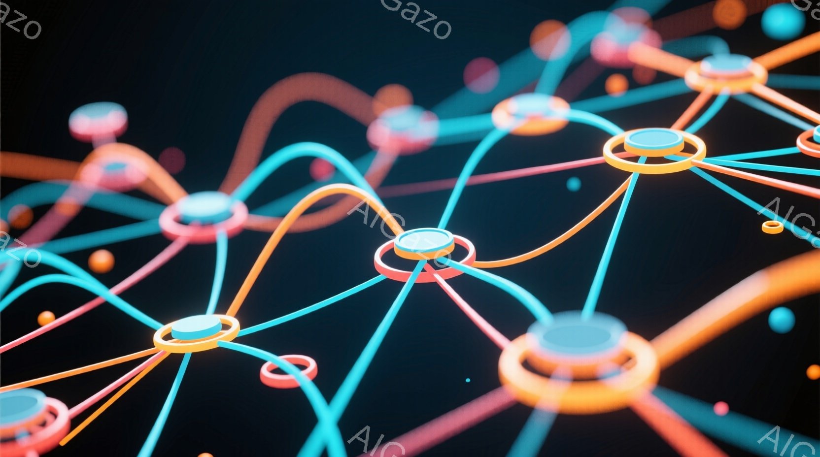 鮮やかな色彩の線が複雑に絡み合い、光る球体で繋がれた抽象的なネットワークが描かれています。背景は暗く、球体や線が際立ち、まるで分子構造や神経回路を想起させるような印象を与えます。全体的に未来的な雰囲気で、科学的あるいはテクノロジー的なテーマを連想させます。