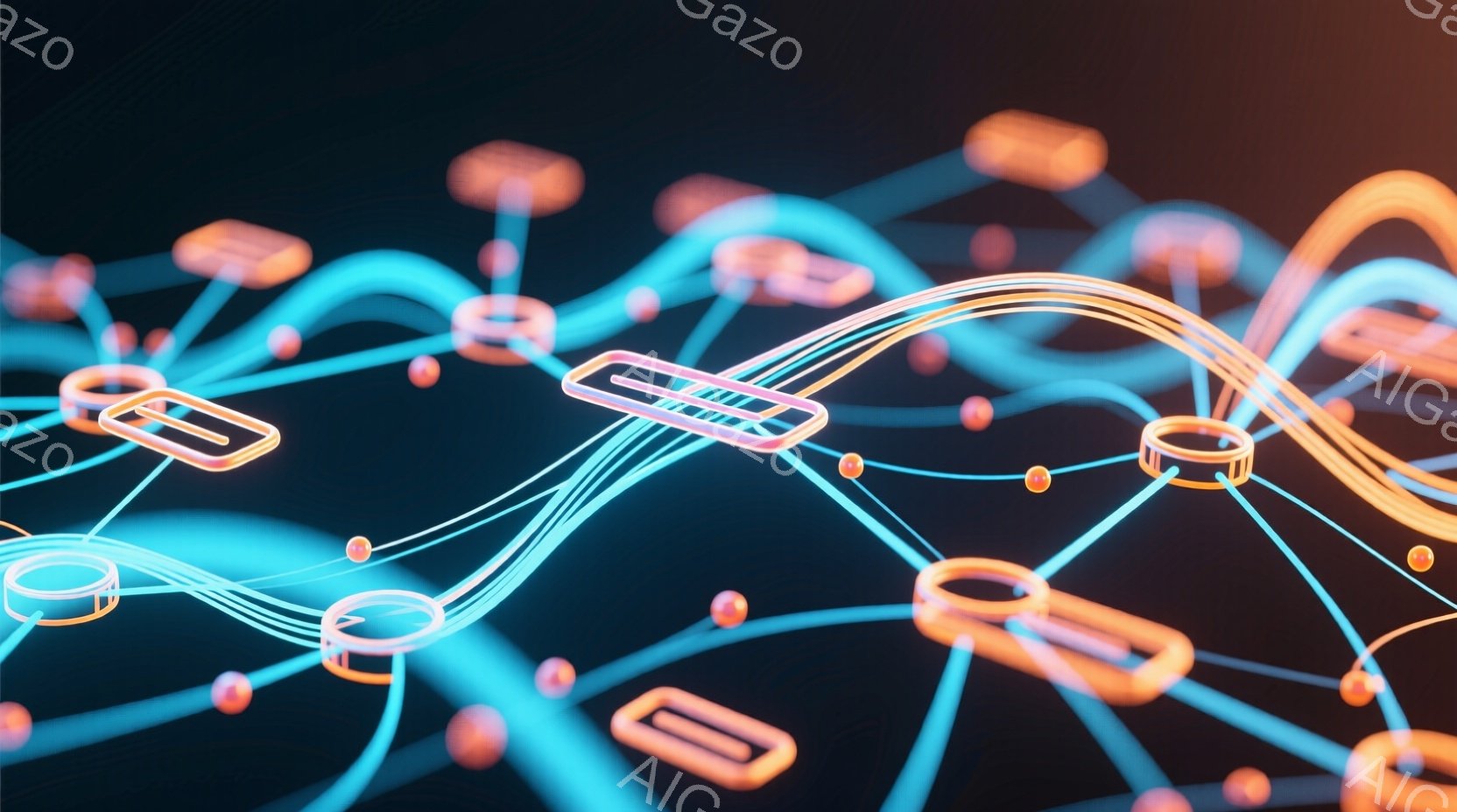 鮮やかなオレンジとターコイズブルーの光の線が、暗い背景の中で複雑に絡み合っている様子が描かれている。線は球体や長方形の形をした発光するノードで繋がれ、まるで回路やニューラルネットワークのような構造を形成している。全体的に、未来的なテクノロジーやデジタル世界の抽象的な表現といった印象を与える。