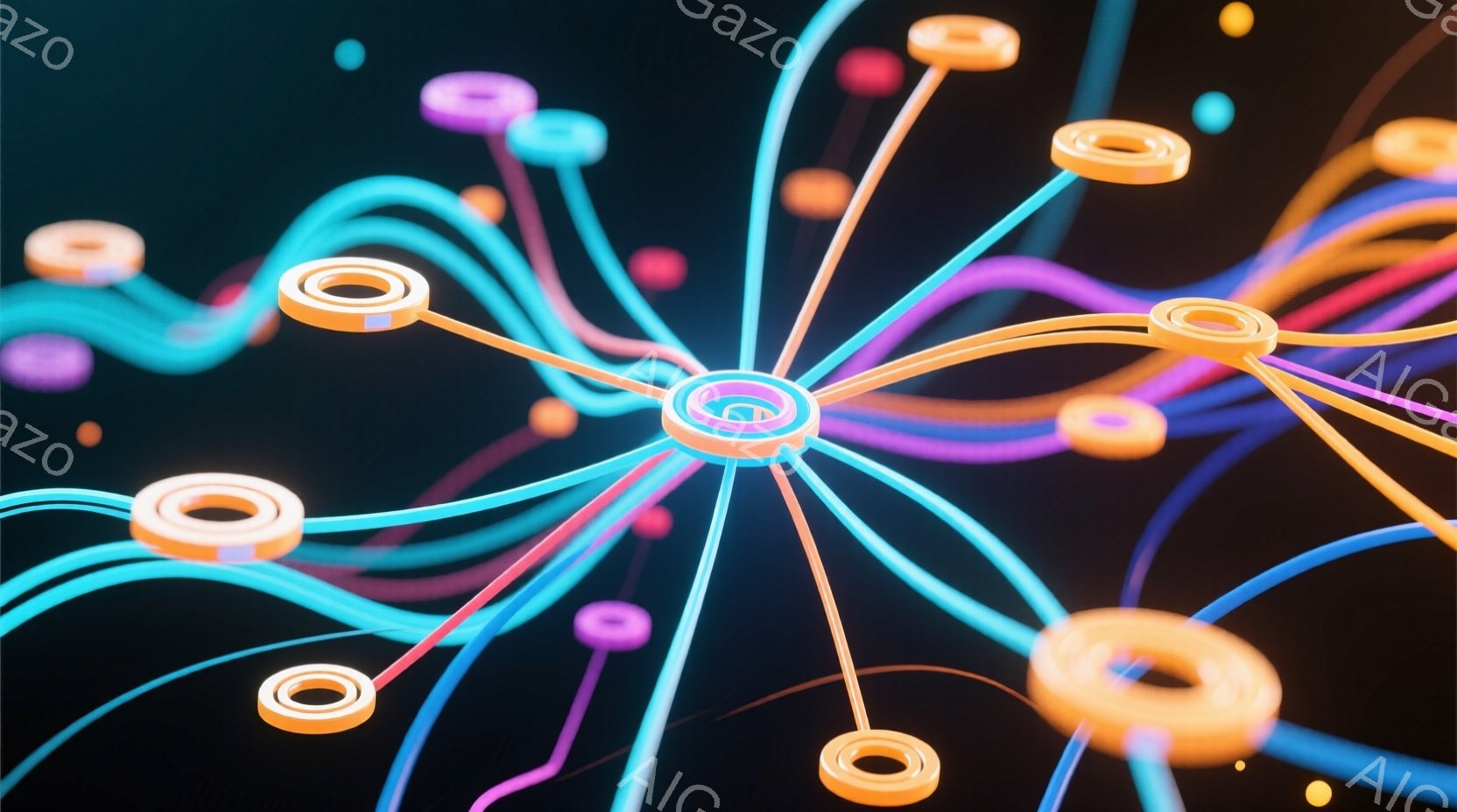 鮮やかなネオンカラーの光の線が、暗い背景から放射状に広がっている抽象的な画像です。オレンジ、ピンク、水色の光が複雑に絡み合い、まるでエネルギーの流れやネットワークを視覚化したかのようです。全体的に未来 - AI生成フリー素材