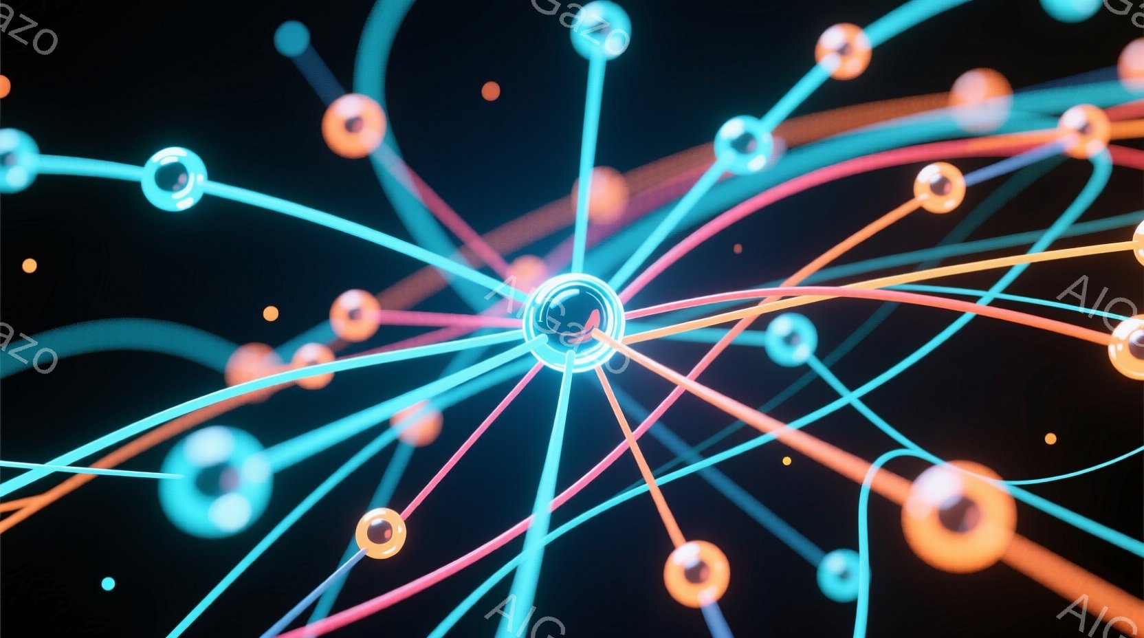 鮮やかな光のネットワークが暗い背景に広がっている様子が描かれている。光の線は様々な色（青、オレンジ、ピンクなど）で構成され、中心点から放射状に伸びている。全体的に未来的な雰囲気で、エネルギーや接続性を象徴しているように見える。