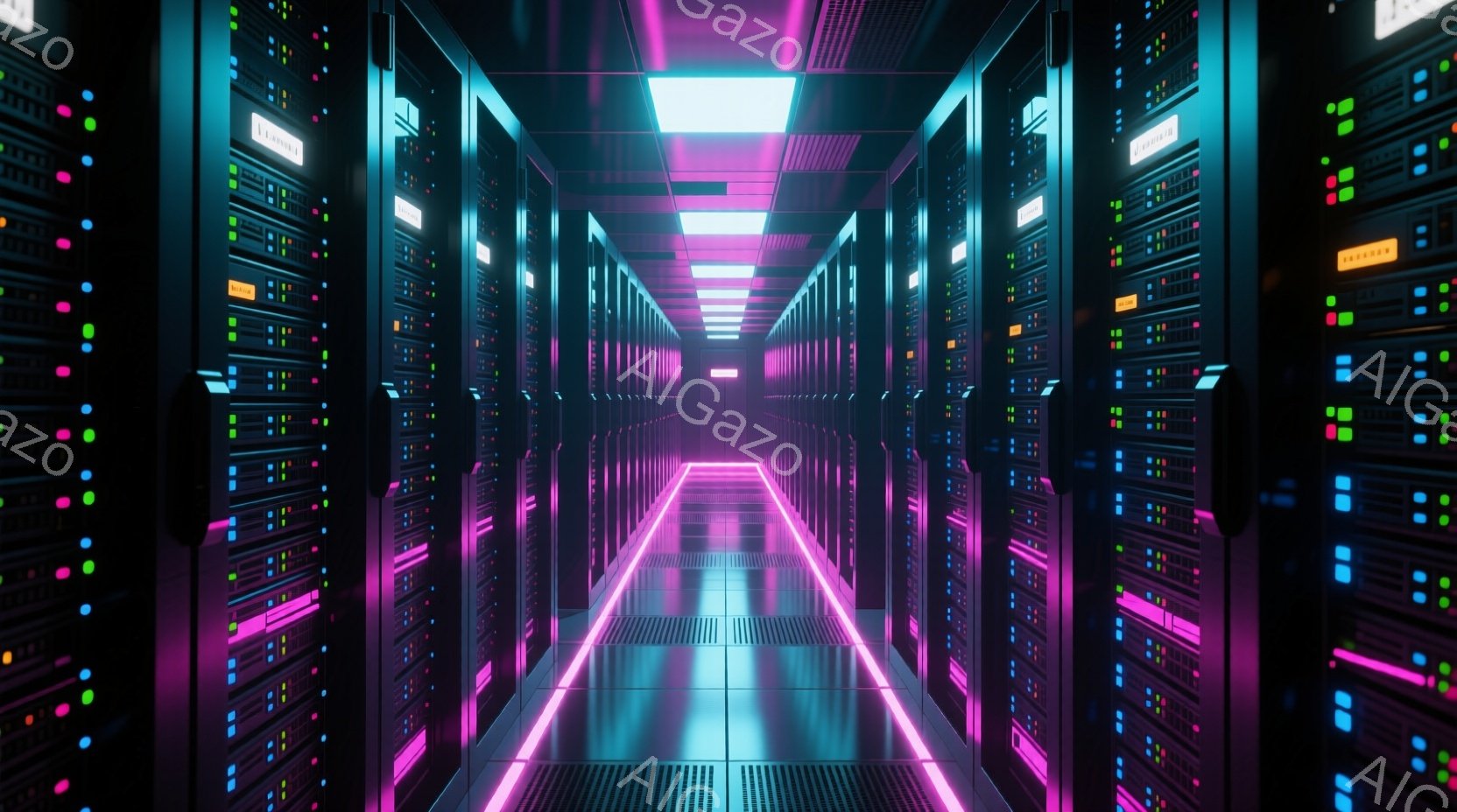 無数のサーバーラックが左右に並び、光るケーブルが迷路のように伸びる空間です。床は鏡面仕上げで、天井から伸びるネオンピンクの光が反射し、サイバーパンクな雰囲気を醸し出しています。全体的に未来的なデータセンターを表現しており、静寂と高科技が感じられます。