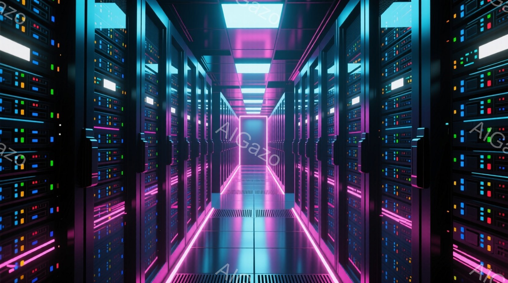 無数のサーバーラックが両側に並び、未来的なデータセンターの廊下が描かれている。ラックには様々な色のライトが点滅しており、青とピンクのネオンカラーが強く、全体的にサイバーパンクな雰囲気を醸し出している。 - AI生成フリー素材