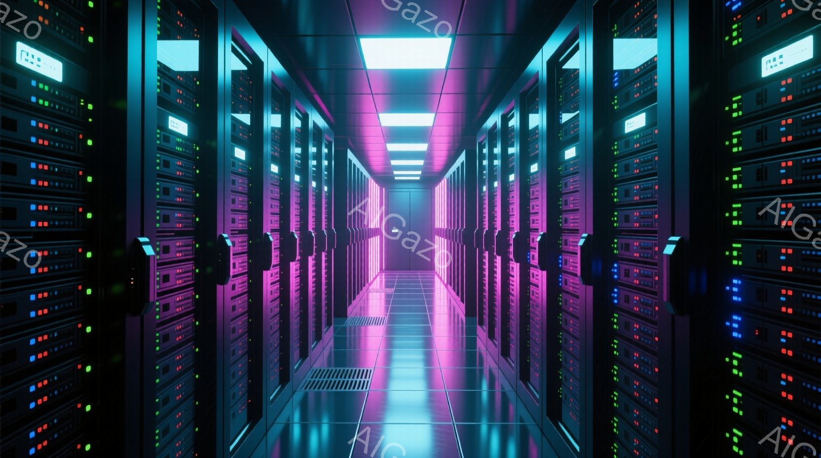 この画像は、整然と並んだサーバーラックが続く、薄暗いデータセンターの廊下を描写しています。各ラックには、点滅する様々な色のLEDライトが配置され、鮮やかな紫色の光が床に反射しています。全体的に、未来的な雰囲気で、テクノロジーとシステムが密接に連携している様子が表現されています。