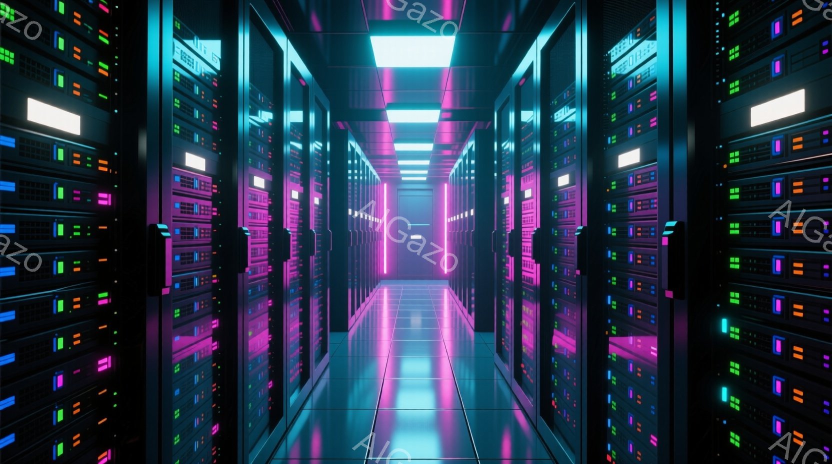 無数のサーバーラックが整然と並ぶ廊下で、青とピンクのネオンライトが照らし出されています。ラックには様々な色のインジケーターライトが点滅しており、未来的な雰囲気を醸し出しています。床は光沢のある反射面で、無限に続くような錯覚を生み出しています。