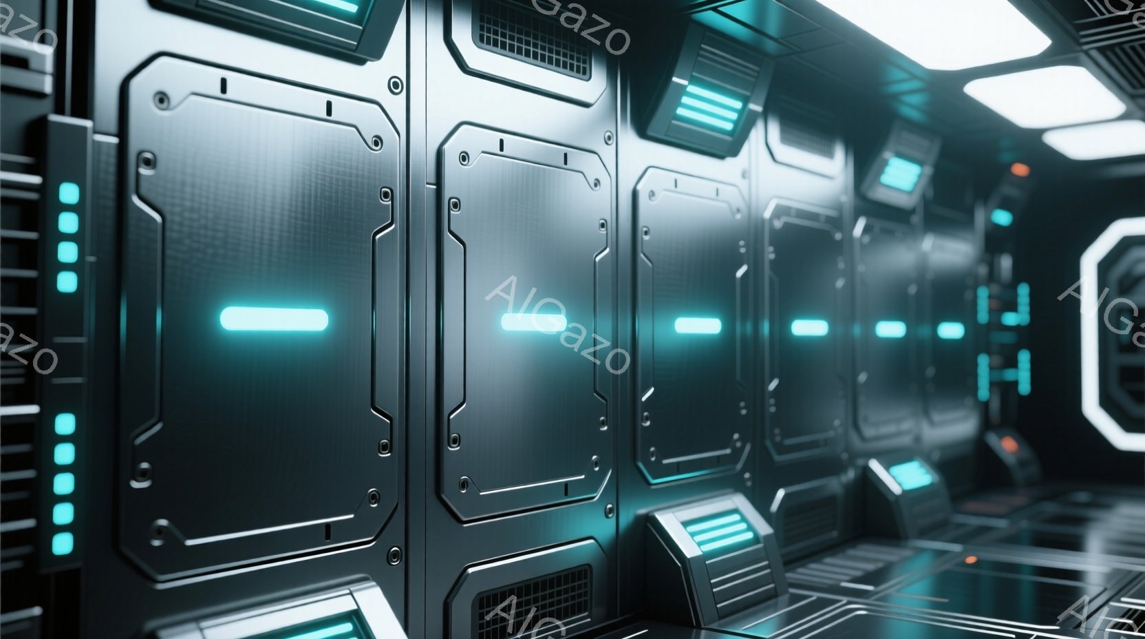 この画像は、未来的な宇宙船内部または技術的な施設の廊下の様子を示しています。壁は暗いグレーの金属製で、青色の発光するパネルとグリッド状の通気口が規則的に配置されています。廊下の床は反射的で、青色のライトが点在しており、全体的に冷たく、無機質な、そして高度な技術を感じさせる雰囲気が漂っています。