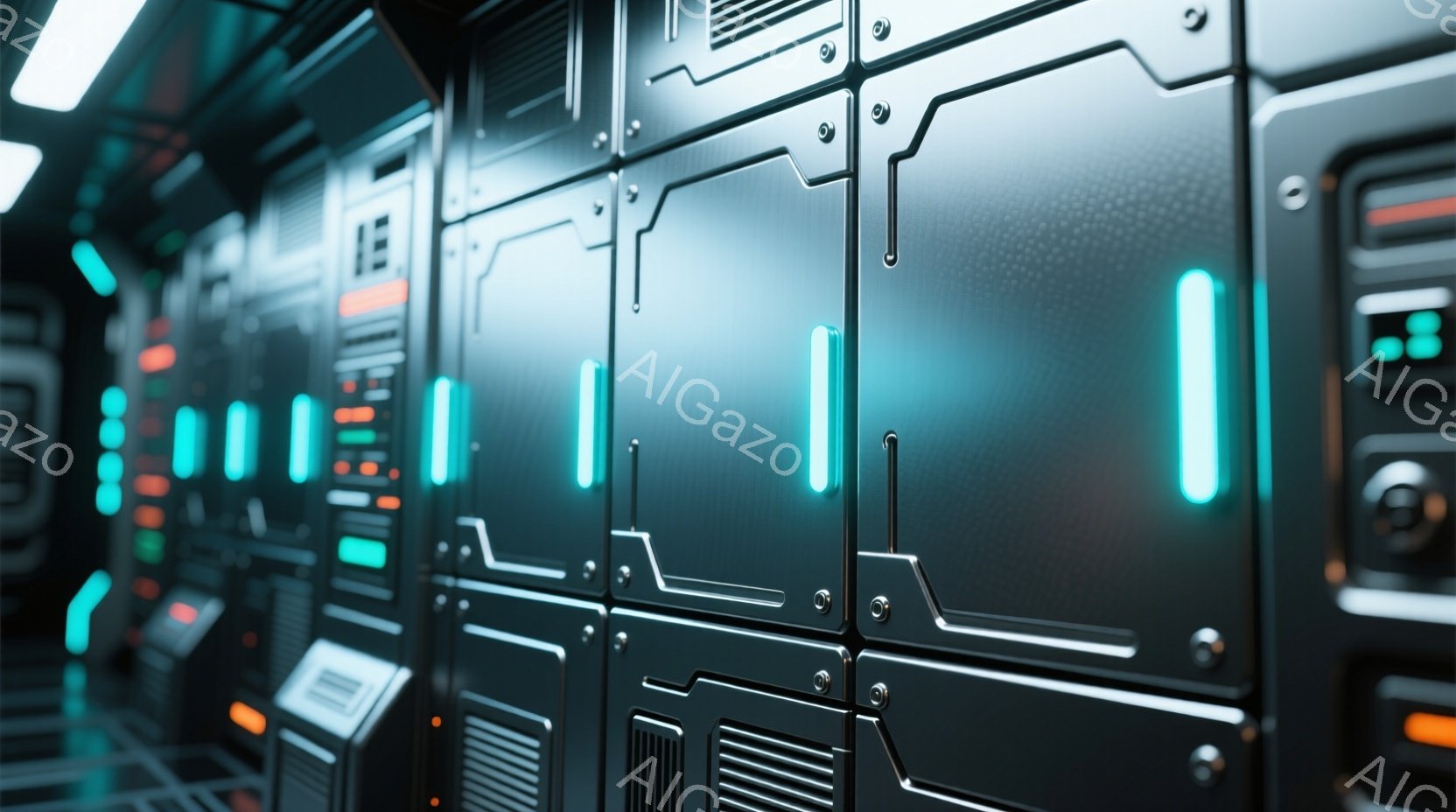 この画像は、未来的な宇宙船または施設の内部を描写しています。壁は暗いグレーの金属製で、青緑色の発光するラインとパネルで構成されており、SF映画のような雰囲気です。全体的に、クリーンで技術的な印象があり - AI生成フリー素材