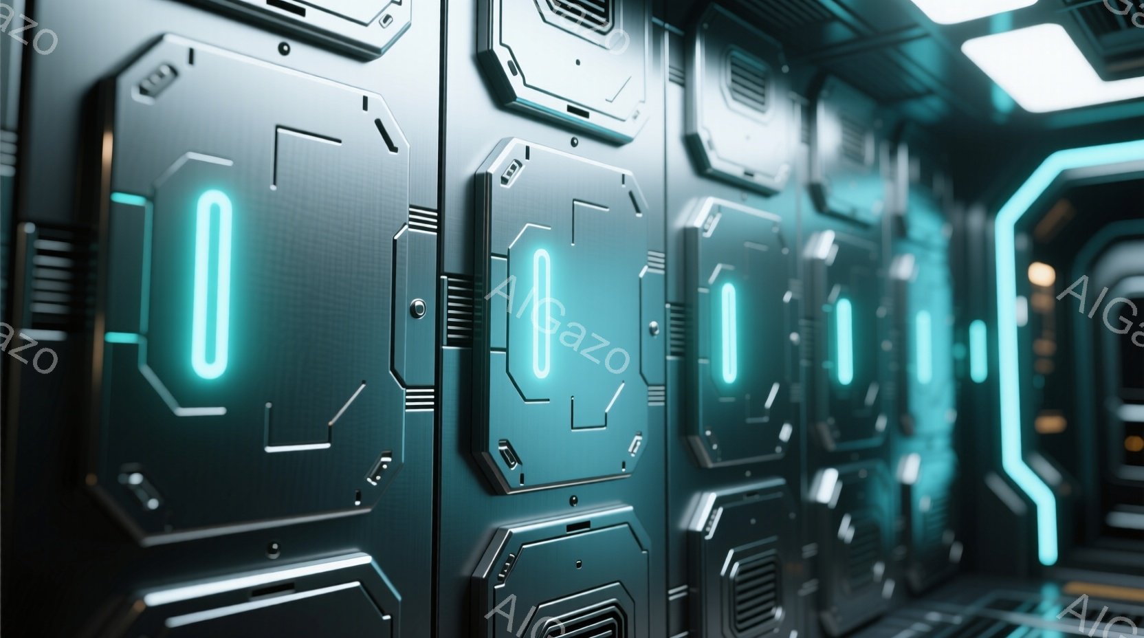 この画像は、未来的な宇宙船または施設の内部廊下の様子を表しています。壁は青緑色の金属製パネルで覆われており、各パネルには明るい青色の発光線が垂直に配置されています。全体的に、清潔で無菌的な、高技術的な - AI生成フリー素材