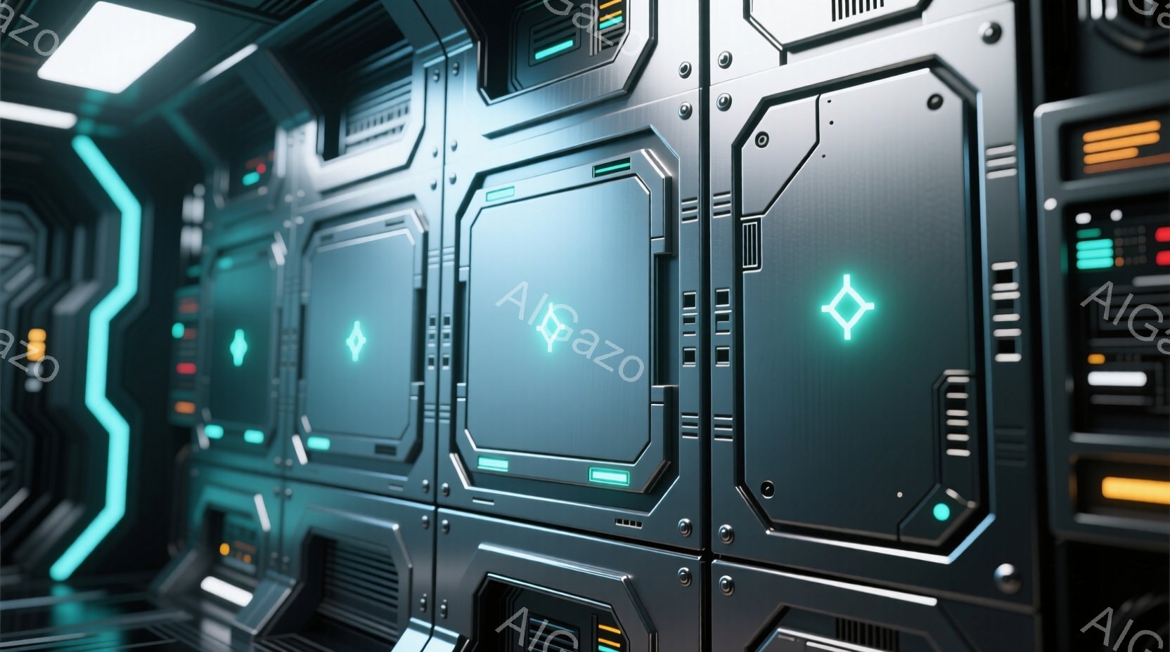 この画像は、未来的な宇宙船または基地内部の壁面を描写している。濃い青色の金属パネルが幾重にも重なり、明るい緑色のラインライトがアクセントとして機能し、近未来的な雰囲気を醸し出している。全体的に無機質で緻密な構造が特徴的で、SF映画に登場する技術的な空間を彷彿とさせる。