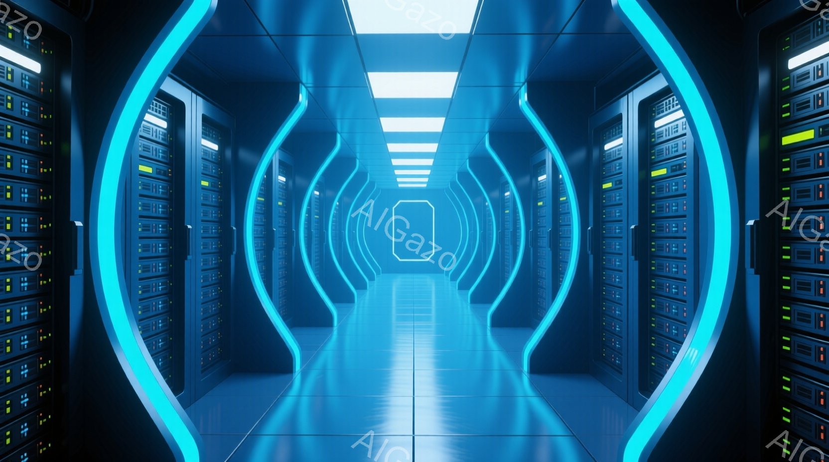 無数のサーバーラックが両側に並び、未来的な青色のトンネルのような空間が広がっている。サーバーラックには緑色の光が点滅し、青色の床面が光を反射している。遠方には明るい光が差し込み、無限に続くデジタル世界の印象を与える。