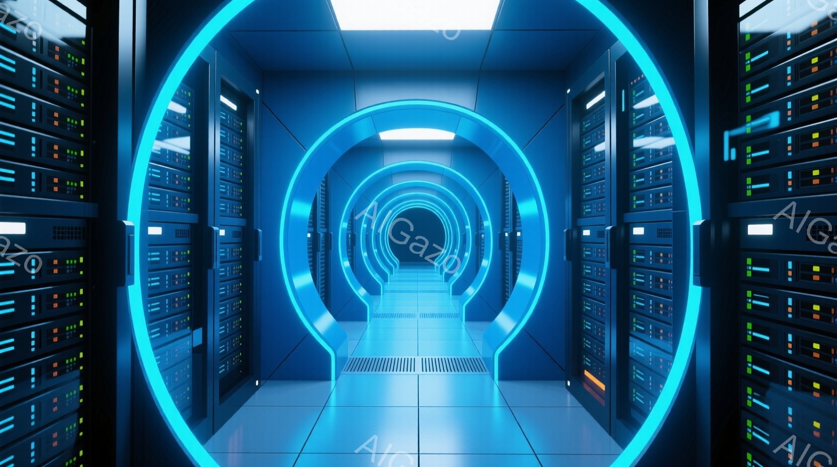 この画像は、青色で照らされたサーバー室のトンネルのような空間を描いています。両側にはサーバーラックが整然と並び、床には金属製の通気口が見られます。青い光が奥へと導き、未来的な雰囲気と無限に続く空間の錯覚を生み出しています。