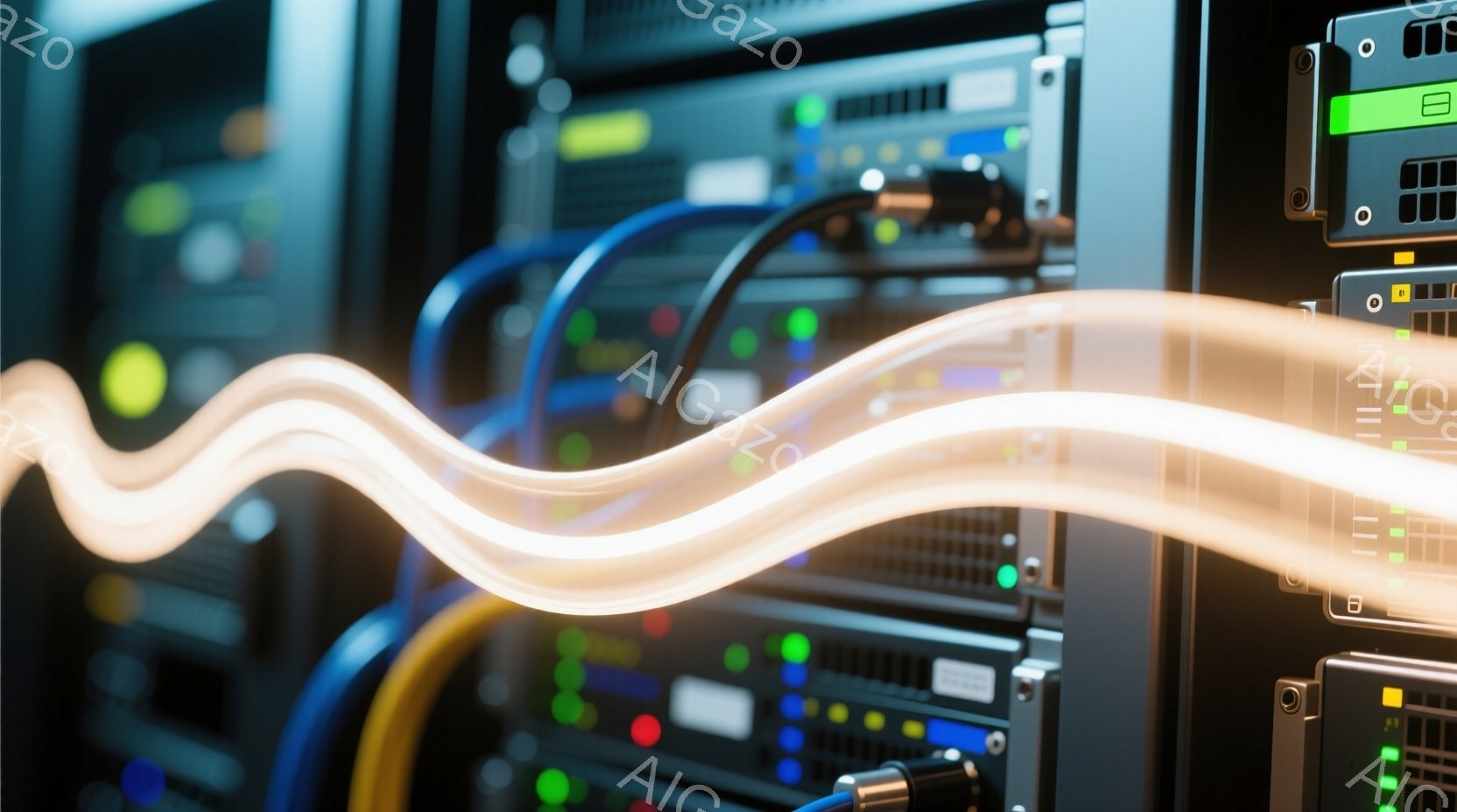 サーバーラックが密集しており、様々なケーブルが接続されている様子が映し出されている。光の軌跡がケーブルの間を駆け巡り、データセンター内での活発な通信を視覚的に表現している。全体的に、高機能なシステムが稼働している緊迫感と、データの流れを感じさせる雰囲気である。