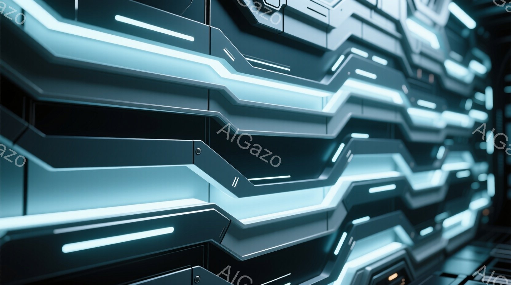 この画像は、未来的な構造物の内部を捉えたもので、幾何学的なパネルが光る青白いラインで強調されています。パネルは複雑に組み合わさり、金属的な質感とシャープなエッジが特徴的で、まるで宇宙船や科学施設の内部のようです。全体的にクールで、先進的な技術を感じさせる雰囲気です。