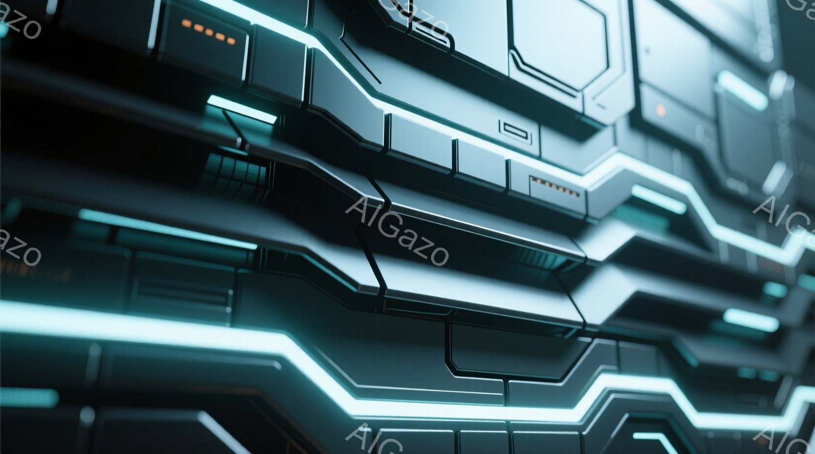 この画像は、未来的なメカニカルな構造の一部を強調したクローズアップです。 濃いグレーのパネルが幾何学的なパターンで配置され、明るい水色の発光ラインがその輪郭を際立たせています。 全体的に、ハイテクで洗練された雰囲気であり、サイバーパンクやSF作品に登場するデバイスの一部を連想させます。