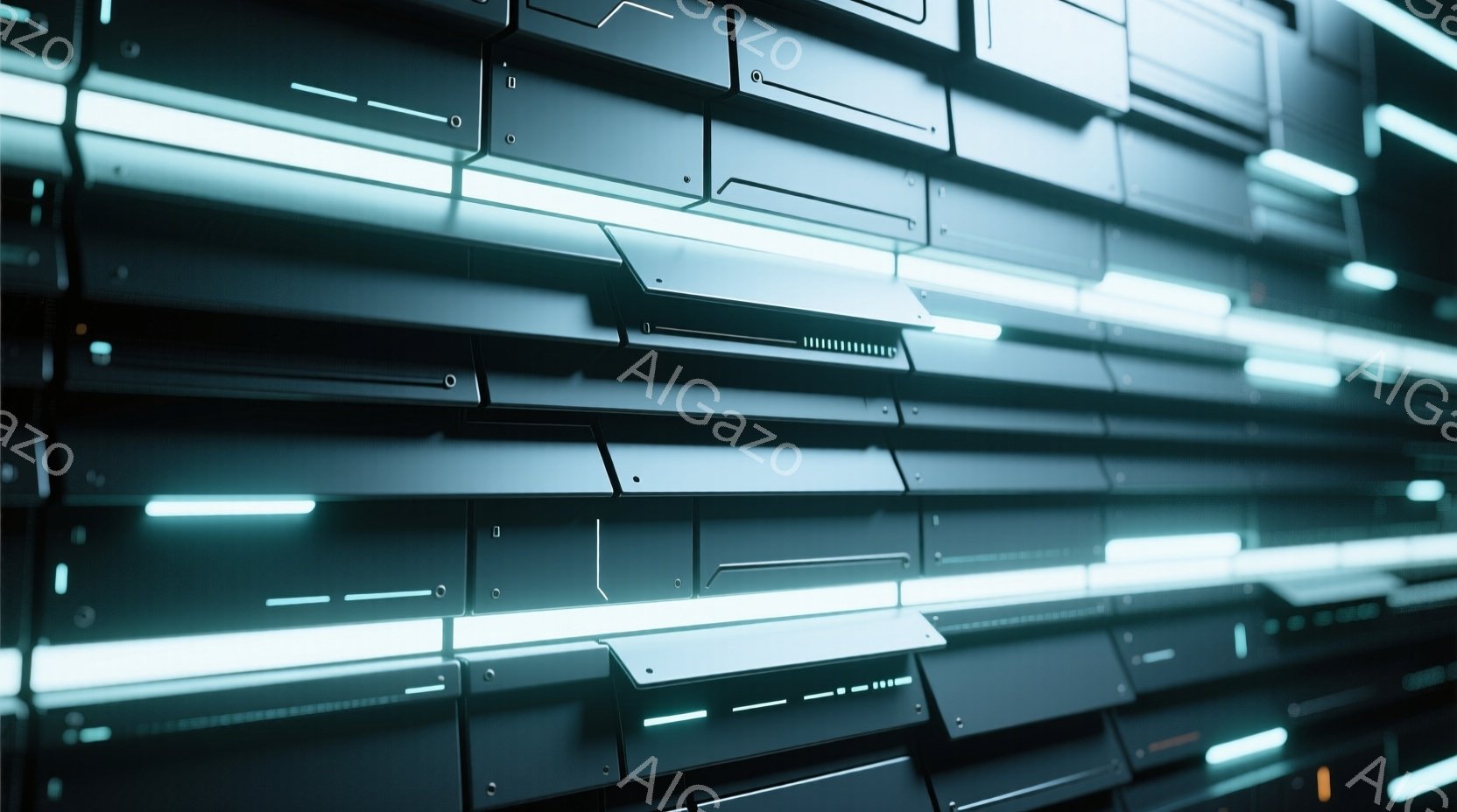 濃いグレーの金属パネルが規則的に並び、未来的な構造物を形成している。各パネルには明るい青色の光条が配置され、全体的にクールでテクノロジー感のある雰囲気を醸し出している。光条の配置やパネルの形状から、宇 - AI生成フリー素材
