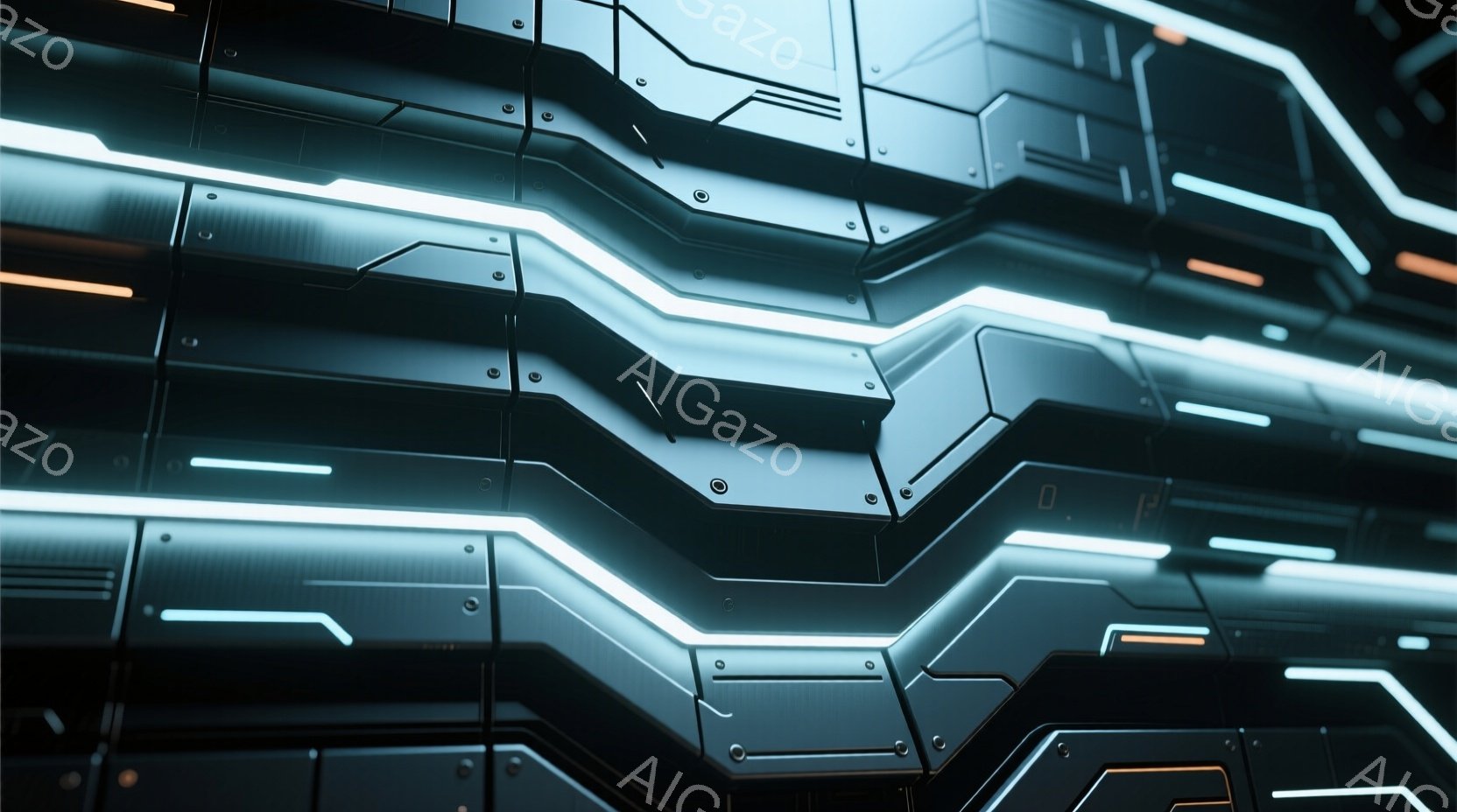 この画像は、未来的なメカニカルな表面のクローズアップです。暗いグレーのパネルが複雑に組み合わされ、明るいターコイズブルーとオレンジ色のラインがアクセントとして走っています。全体的に、硬質で高科技な雰囲気が漂い、SF映画やゲームの世界観を想起させます。