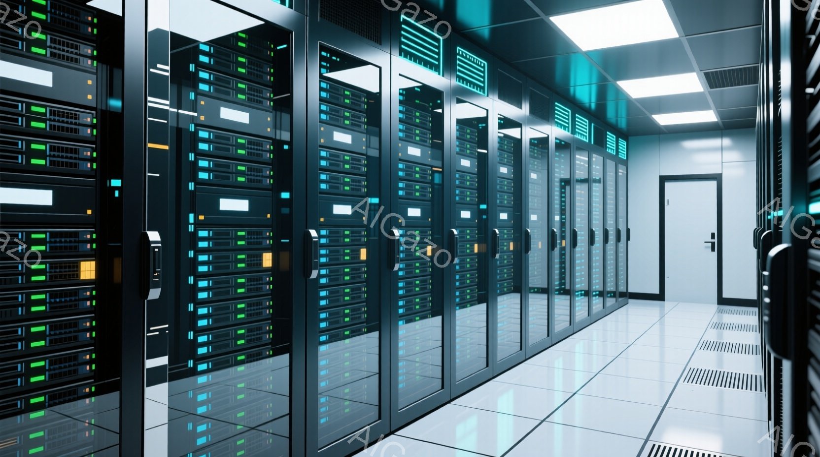この画像は、整然と並んだサーバーラックが続くデータセンターの廊下を示しています。ラックには様々な色のインジケーターライトが点滅しており、動作状況を示しています。床は磨かれたタイルで、天井には明るい蛍光 - AI生成フリー素材