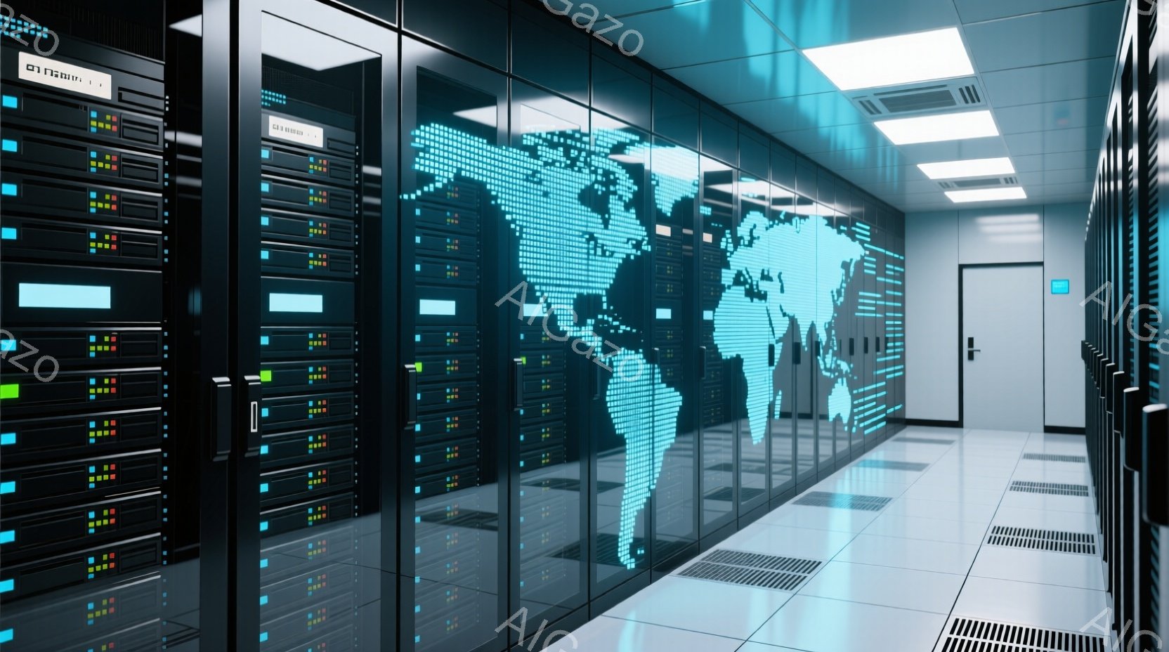 データセンターの廊下で、左右にサーバーラックが整然と並んでいます。壁には青い光で世界地図が投影されており、床は明るいグレーのタイルで、全体的に清潔で近代的な印象を与えます。この空間は、高度なテクノロジーとグローバルな接続性を象徴しているようです。
