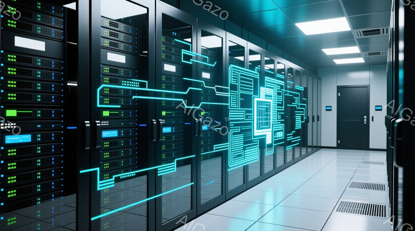 この画像は、未来的なサーバー室を描写しており、壁一面に黒いサーバーラックが整然と並んでいます。ラックには青色の光が走り、まるで回路が可視化されたかのような印象を与え、床は白く清潔なタイルで覆われています。全体的に、クールでテクノロジーを感じさせる静かな空間が表現されています。