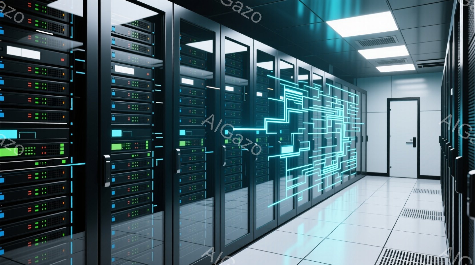 サーバーラックが整然と並んだ部屋で、各ラックには点滅する緑と赤のライトが並んでいます。明るい蛍光灯が天井から照らし、白い床が光を反射して、清潔で技術的な雰囲気を醸し出しています。青い光のラインがラック - AI生成フリー素材